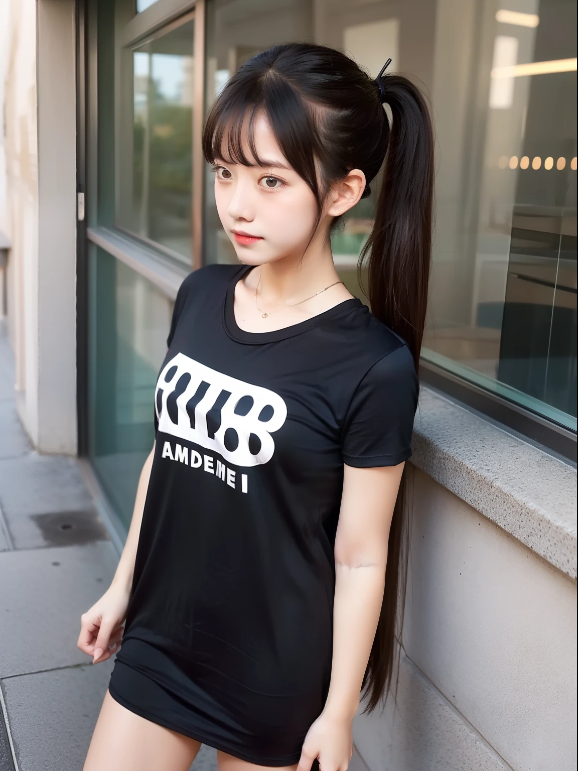 top-quality，sea side，((Black T-Shirt Dress，Onepiece))，poneyTail，(embarrassed from，red blush)，(14 years old girl)