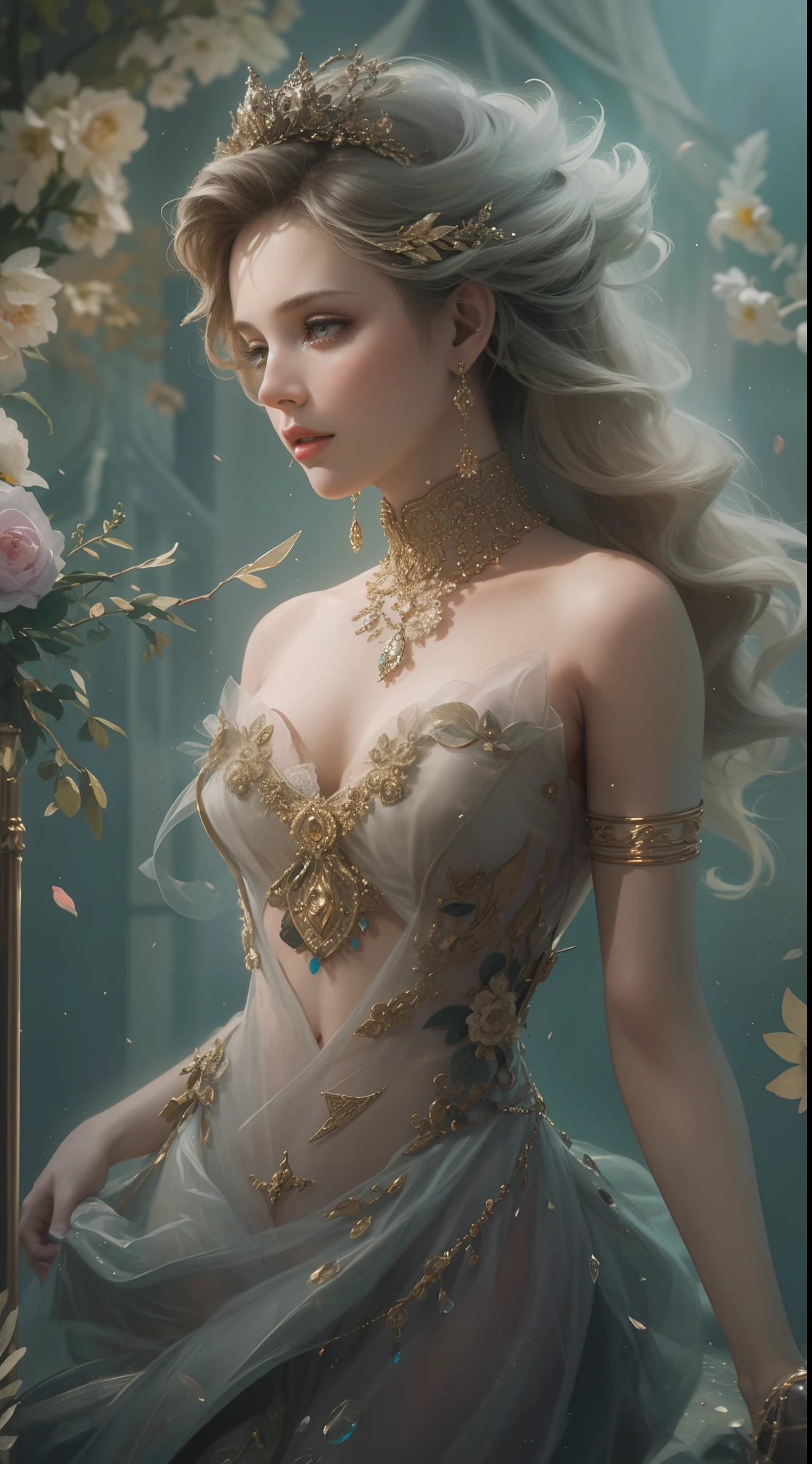 (Best quality,8K,A high resolution,Masterpiece:1.2),Ultra-detailed,(Realistic,Photorealistic,photo-realistic:1.37),Portrait,Creative style artwork,Historical,classical,Sophisticated,plethora of colors,Highly detailed,Soft lighting,luxurious environment,detailed gown,Vibrant flowers,detailed jewellery,Ethereal atmosphere,Elegant Pose,Graceful curves,Gold body proportions，Flowing hair,Breathtaking textile patterns,Harsh purple eyes,Delicate floral decoration,A dazzling array of crystal accessories,Mysterious and dreamy atmosphere,Impeccable attention to detail.