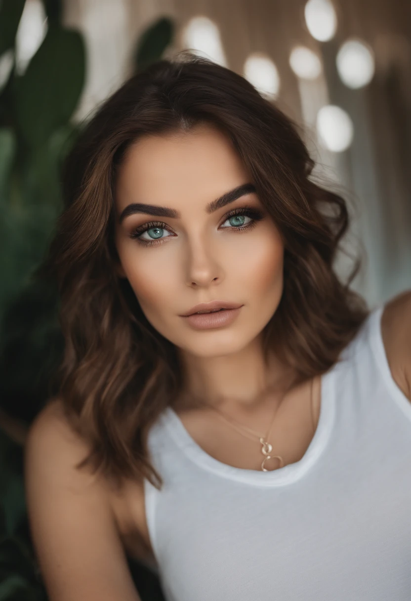 Arafed woman with a white tank top and necklace, fille sexy aux yeux verts, Portrait Sophie Mudd, cheveux bruns et grands yeux, selfie of a young woman, Yeux de chambre, Violet Myers, sans maquillage, maquillage naturel, looking straight at camera, Visage avec Artgram, Maquillage subtil, Superbe photo du corps entier, piercing green eyes, Bel angle, pose attrayante, fille mignonne, sexy pose, Image du corps entier, corps entier, Prise de vue du corps entier, brunette goddess, High detail, pose satisfaite, Pantalon en cuir