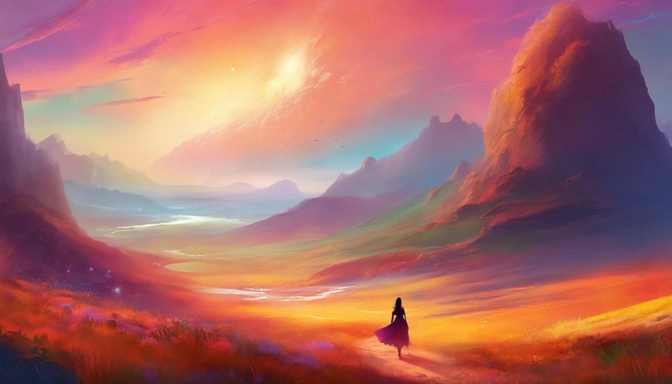 Colorful steppe、Silhouette of energetic woman、fantastic landscape