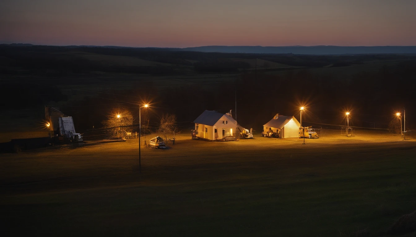 "A peaceful and peaceful night, Bask in a silvery glow. Harmonious moon landscape,Yellow Moon,Homely feeling,(((Several electrical workers are working on the wire. ))),The background is a coal-fired power plant,Towering chimneys。