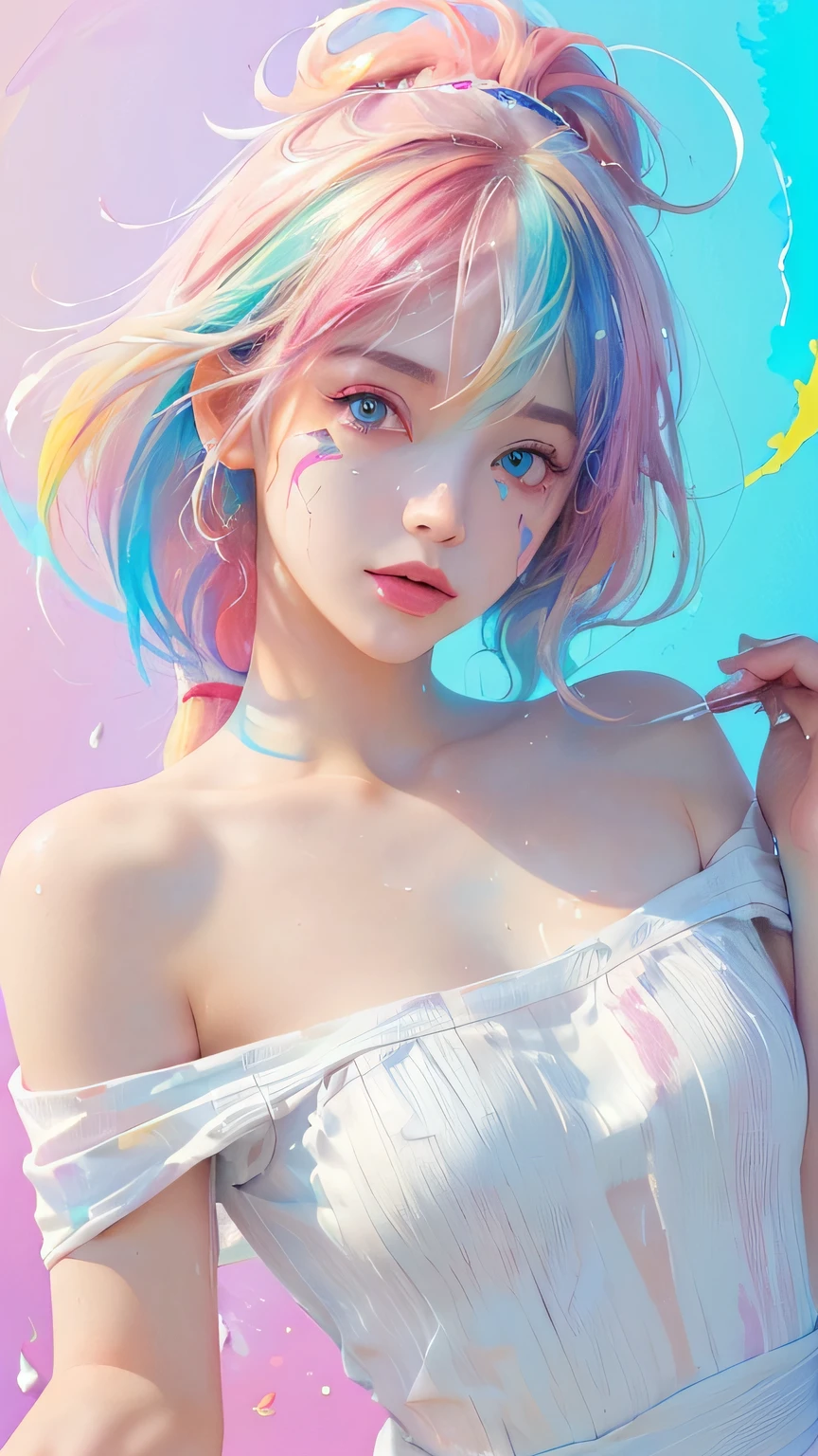 (Pink Fashion T-Shirt:1.9)、(colorfulな髪:1.8)、(All the colors of the rainbow:1.8)、((((Portrait:1.6)))、(Picturesque:1.6)、frontage、Big eyes、Clear eyes、(虹色のGradationハイポニーテール:1.7)、Exquisite makeup、Mouth closed、(Small fresh:1.5)、(Wipe the chest:1.6)、Long-term、A man wearing a white off-the-shoulder T-shirt with tears in his eyes、(Rainbow Hair:1.6)、An explosion of colors, Messy Lines, ((Shine)), (colorful), Chic paint style, (Splashes of color), Portrait, Browsing Caution、 Paint splashes, Acrylic Pigments, Gradation, Depth of written boundary, facepaint, colorfulな服, (elegant: 1.2), nice,Hair length, Wind, (elegant: 1.3), (petal:1.4)、(((masterpiece)))、(((Highest quality)))、((Ultra-detailed))、(Dynamic Angle)、((plankton))、(paint)、((Disheveled Hair))、(solo)、((Beautifully detailed face))、Shoulder pain、Gray Hair、((colorfulな髪))、(((Striped Hair))、Beautiful and fine details、(Gradationカラーの目)、((Clatter toes))、(colorfulな背景))))、((((High saturation))))、(((colorfulな水しぶきに囲まれた)))