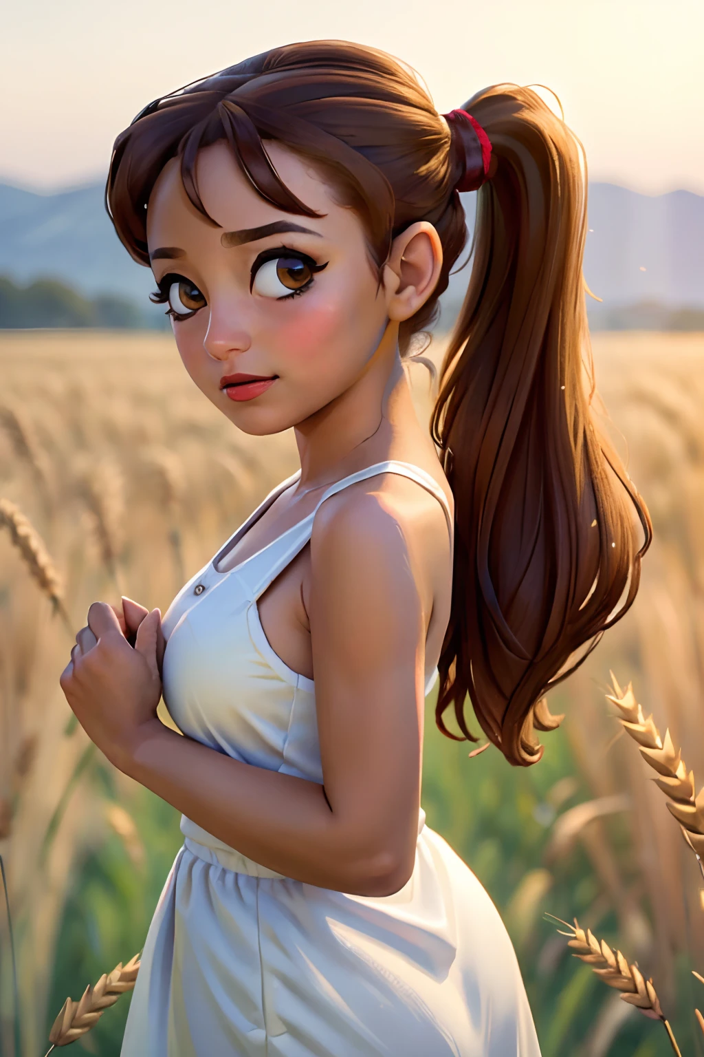 (masterpiece:1.4),, (best quality:1.4),, ultra-high res,, 8K, CG,, (extremely delicate and beautiful:1.2),, , upper body,, from side,, looking at viewer,, , affrican-american, 1girl,, solo,, fashi-girl,, mature girl,, , cute, sweet,, , in the wheat field,, blurry background,, , long brown hair,, ponytail hair,, , brown eyes,, closed mouth,, red lips,, , face brushed by the wind,, , white dress,, medium breasts,