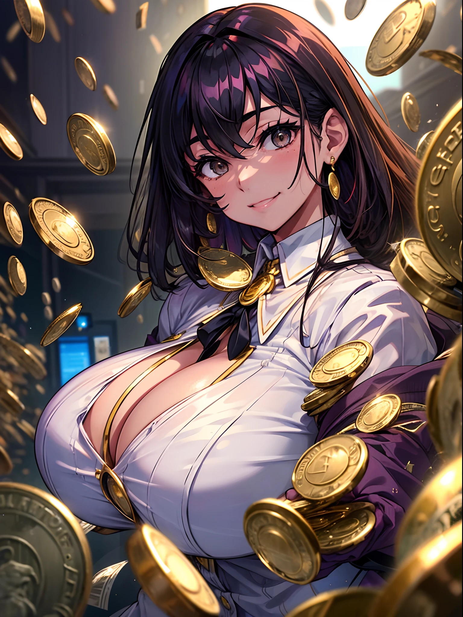 Young dark-haired female CEO, Gentle smile,(huge bust:1.5),The background is a securities company with many staff、Rich woman、Scattered gold coins、Dollar bills flying around、