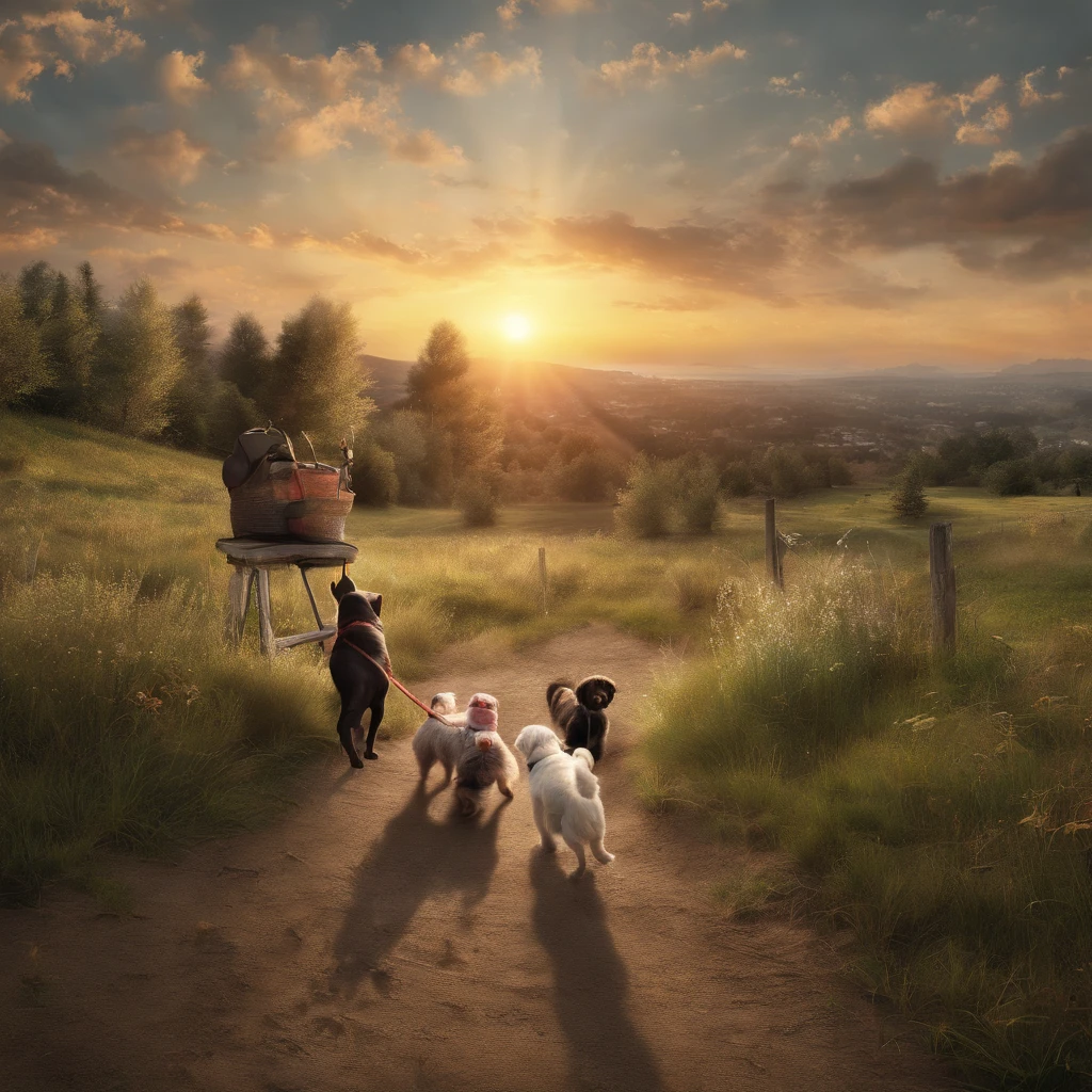 The landscape, the sunset, Children and dogs playing