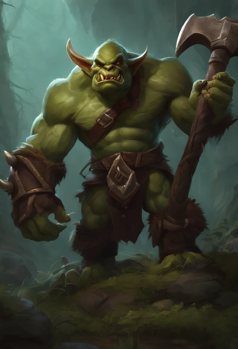 a close up of a cartoon monster with a hammer in his hand, concept art by Ivan Mrkvička, featured on zbrush central, sots art, grog strongjaw, dog - faced muscular goblin, orc, an orc, orc themed, menacing orc, ogre, an ork, orc merged with vines, drak fantasy goblin