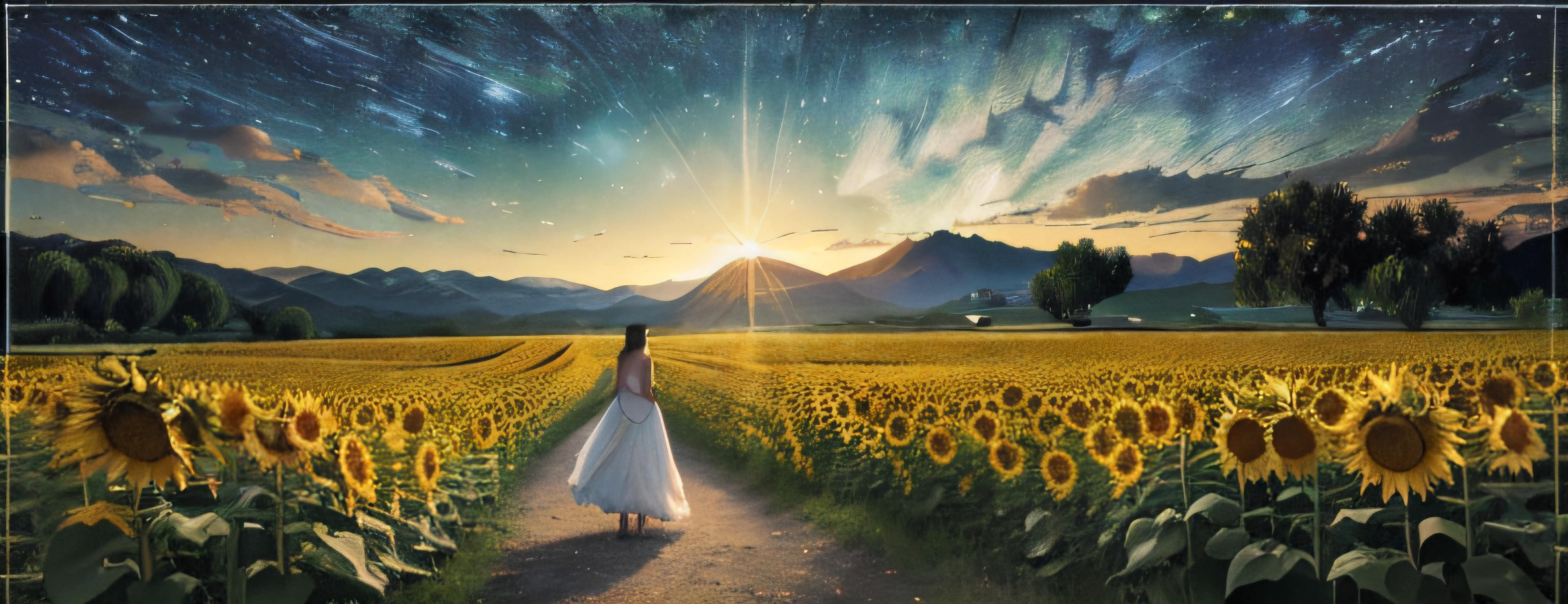 (best quality,4k,8k,highres,masterpiece:1.2),ultra-detailed,(realistic,photorealistic,photo-realistic:1.37),a girl in a white dress in a distant field of sunflowers, van gogh style,painting,beautiful detailed eyes,beautiful detailed lips,extremely detailed eyes and face,longeyelashes,wind blowing through her hair,expressive emotions on her face.\n
(medium:1.1),field of sunflowers painted with thick brush strokes, vibrant yellow petals and deep green leaves,showing the movement of the wind. \n
(medium:1.1),a summer sky with fluffy clouds (photorealistic rendering:0.9),casting soft (morning) light on the scene,creating a peaceful and dreamy atmosphere. \n
(the sound of nature:0.8),a gentle breeze rustles the leaves, and the distant sound of birds singing can be heard.\n
(distant mountain range:1.1) covered in a hazy mist, adding depth and mystery to the background.(distant:1.1), (vivid colors:0.9) and (soft shadows:0.9) give the mountains a sense of depth and distance. \n
(the sound of nature:0.8)distant sound of a bubbling brook and chirping crickets, creating a serene soundscape. \n
(aesthetic:1.1), (colorful:1.1) and (vibrant:1.1) flowers (in foreground and background),providing a rich and vivid color palette. \n
(field of sunflowers:1.1), (tall:1.1) and (natural:1.1), their petals and stems reaching towards the sky, creating a sense of movement and vitality.(field of sunflowers:1.1), (tall:1.1) and (natural:1.1), their petals and stems reaching towards the sky, creating a sense of movement and vitality.\n
(the girl's dress:0.9) made of (fine,flowing:0.9) fabric, (white:1.1) and (long:1.1), flowing gently in the wind, blending harmoniously with the surrounding sunflowers.\n
(van gogh:1.1), (impressionism:1.1), (starry night:1.1), inspired brushwork and vibrant colors, adding a touch of magic and dreamlike quality to the scene.\n
(bright, warm colors:1.1), yellow and orange hues dominate the scene, creating a cheerful and lively atmosphere, (van gogh's palette:1.1).