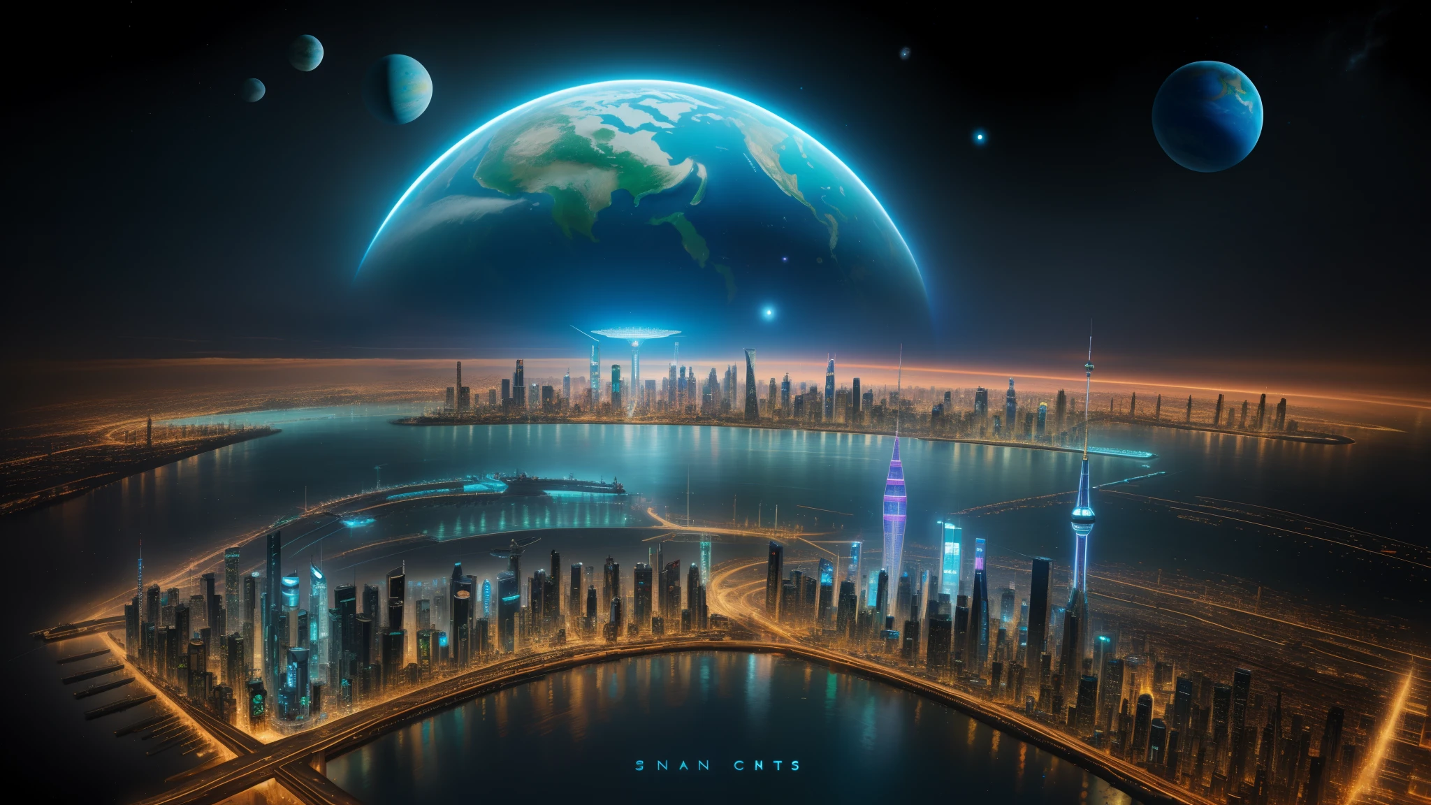 planet earth　kosmos　futuristic cities　Huge structures　cyberpunked　ＳＦart by　top-quality　​masterpiece　　Towering skyscrapers　Building height１０fold