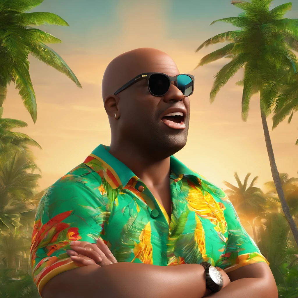 /imagine a fat bald black man singing samba with a tropical Brazilian t-shirt and a microphone in his hand