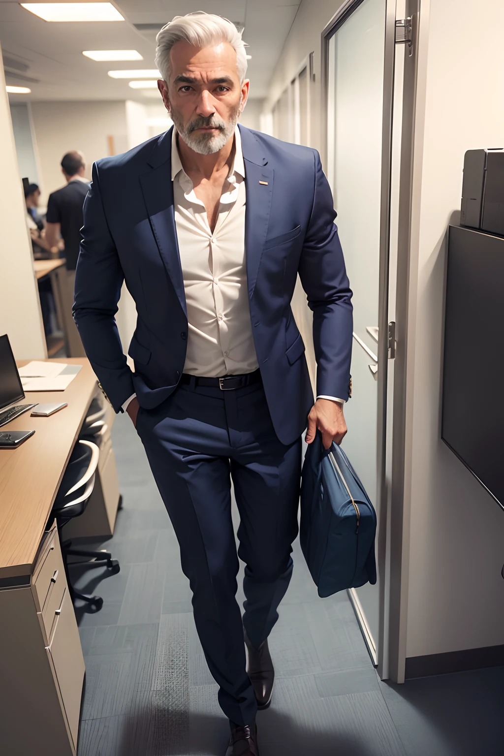 homem de 40 anos com roupa escura, terno e gravata, standingn, in an office, segurando um livro