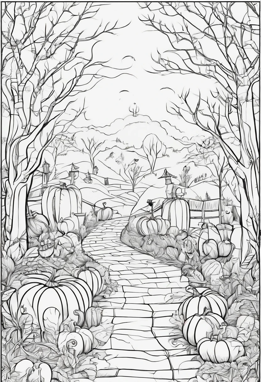 ((A coloring page of Jack-o'-lanterns lining a creepy, foggy path.


.} )), (masterpiece), (coloring page), line art drawing, minimalist, graphic, (line art), vector graphics, Clear and Distinct Lines, Intricate Patterns,Varied Line Weights, Smooth curves, Bold outlines, Crisp shapes
