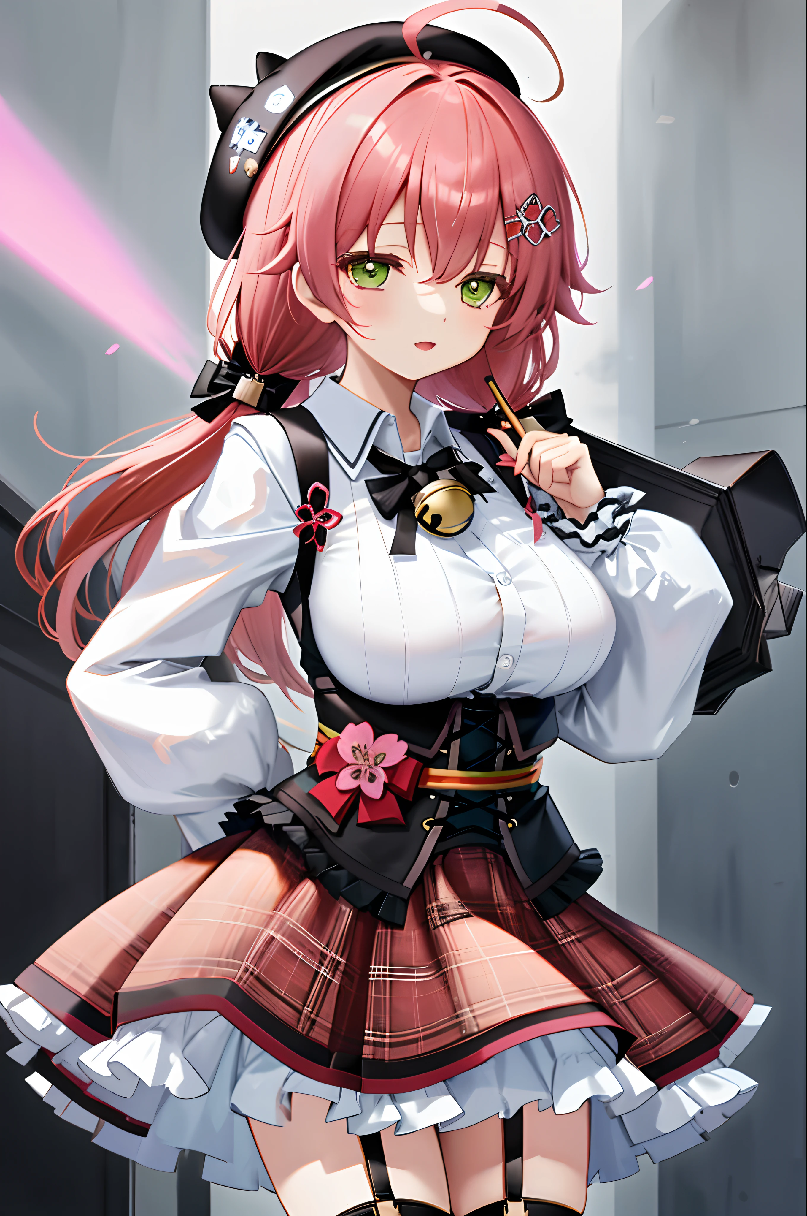 masutepiece, Best_Quality, hight_resolution, miko2,Ponytail, 1girl in, Green eyes, Ahoge, black headwear, Hair Ornament, White shirt, black thighhighs, Pink hair, Red_skirt, very_short_skirt, plaid skirts, garter_strap, Collared shirt, hair clips, frilld, Bangs, hair between eye, frills skirt, beret, Pleated skirt, Hair Flower, Neck bell, , puffy long sleeves, Black bow, Underbust, Cowboy Shot,Smile, gigantic_breasts,covered_nipples, covered_pussy,close_eyes, happy,