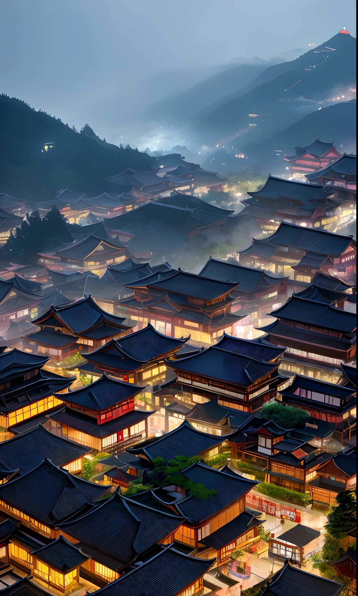 arafed view of a village with a lot of lights on the buildings, dreamy chinese town, chinese village, amazing wallpaper, japanese town, japanese village, hyper realistic photo of a town, old asian village, japanese city, by Raymond Han, rainy evening, cyberpunk chinese ancient castle, beautifully lit buildings, at evening during rain, beautiful and aesthetic, photography, cinematic, 8k, high detailed ((Heavy rain)))