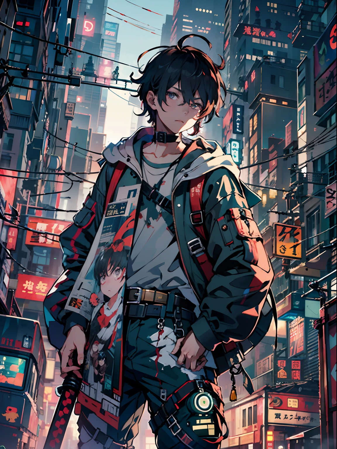 1boy,(a 13 yo boy:1.5)、Cyberpunk Boy、katanas,Whole body bloody、Upper body only、The beginning of the adventure、Lots of clouds,heavy fog、Moon,Chaotic city of the future、Movie dystopia、A group of very tall skyscrapers stands in the center、Very complex cityscape,Crowded Chinese skyscrapers、street signs、streetlights、taxis、buses、Train、Pretty dim lighting、Dark road、puddles、Chaotic、Beautiful and fantastic scenery、Cinematic scenery、hightquality、masutepiece,in 8K、hight resolution、