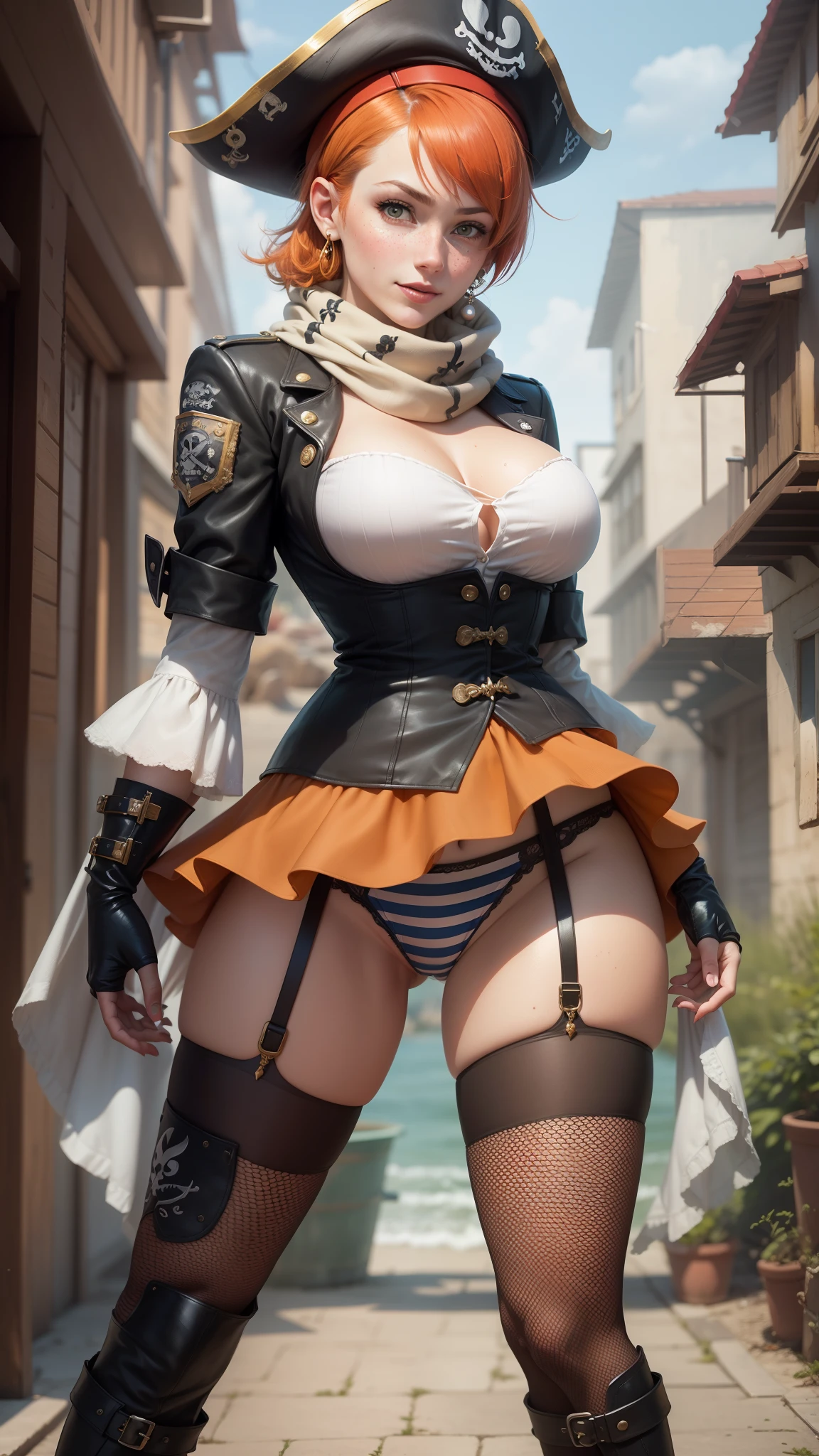 gwen tennyson,tracer,yorha 2b,akali, rebecca chambers,atelier ryza,pirate outfit,beach,ager,green eyes,thigh high boots,garter belt,shy smile,striped panties,short hair,orange hair,pirate ship,white striped top,tight gothic mini skirt,wet body,freckles,redhead,pirate corset,pirate jacket,beautiful girl,large breasts,ultra detailed,realistic,pearl earrings,long scarf,