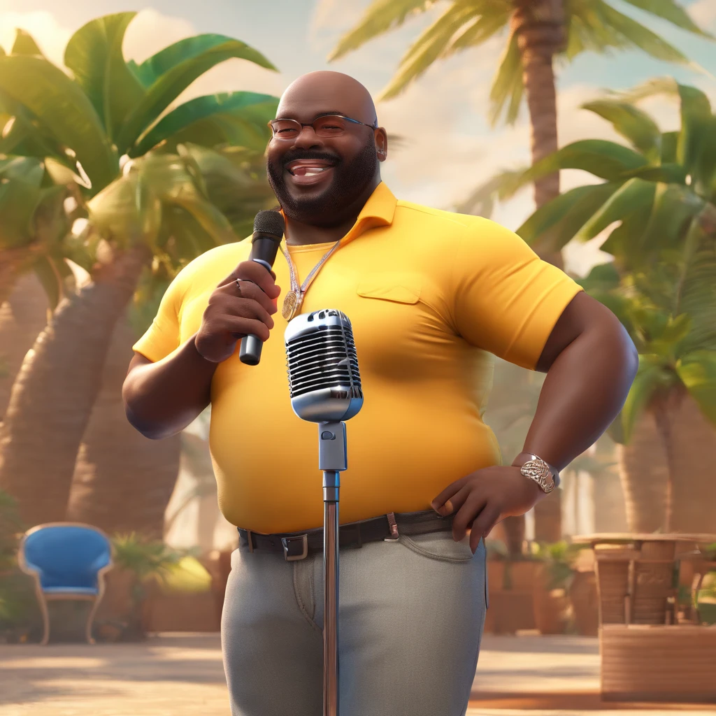 /imagine a fat, bald black man with no beard singing samba with a tropical Brazilian t-shirt and a microphone in his hand