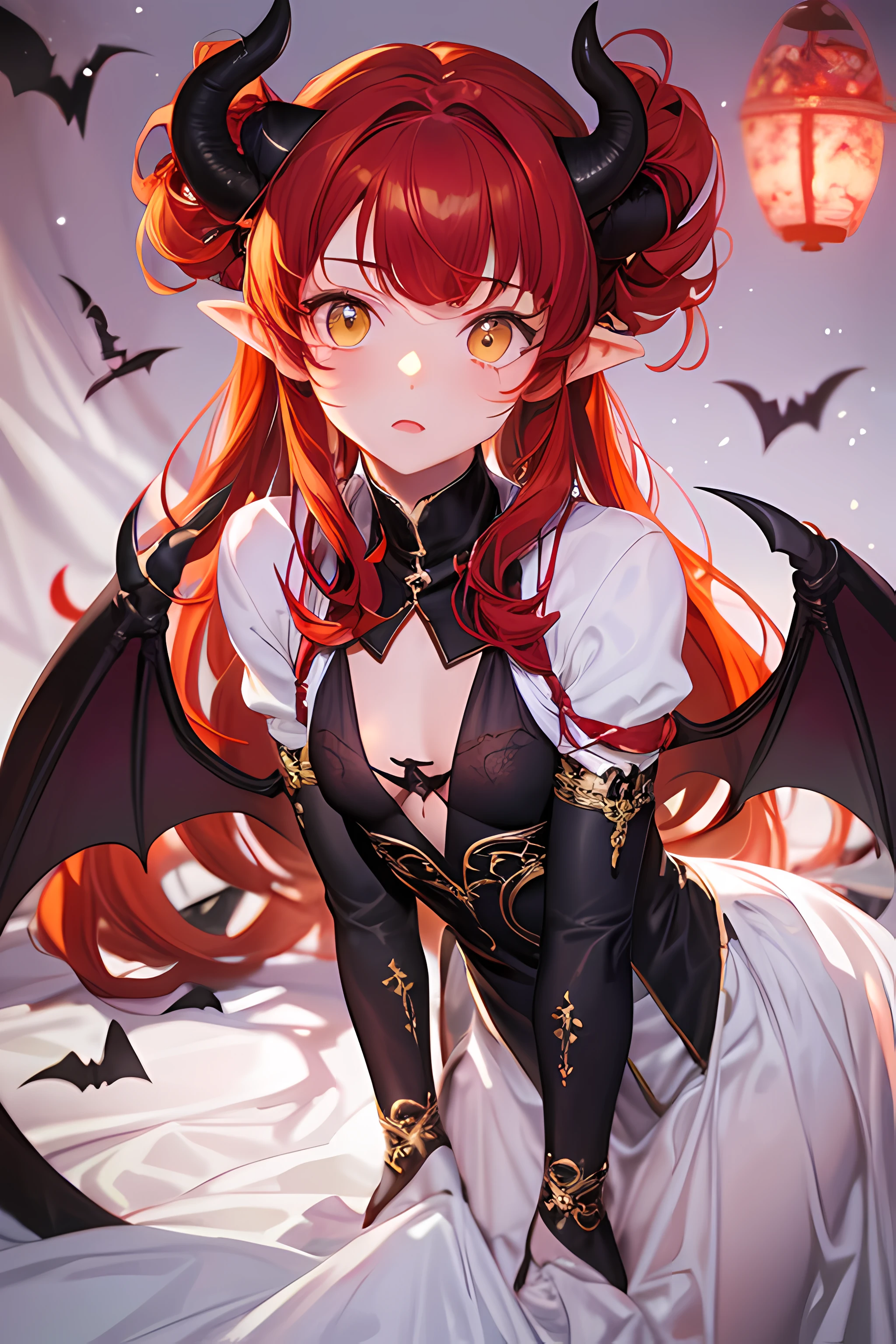 Masterpiece, Best quality, 1girll, Solo, Yellow eyes, Red hair, Small breast, Demon Girl, Demon tail, Demon wings, Small demon horns, Pointy ears, (Small breast), (Flat chest),  double tails, bat hair ornament, Cape, White shirt, white legwear, plushies, Stuffed animal toys, beret, mitts, bangs, Hat