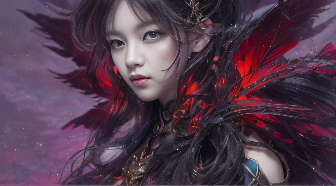 Fantasy Fairy Tales 32K,复杂,ellegance,highly detailed,A majestic,Digital photography,Top cinema lenses,surrealism painting,Broken rubies,Beating magic,Entwined water magic,(tmasterpiece,Cinematic light,Fine beautiful eyes:1.2),hdr,Void 5 Energy Storm,(China 1 girl,Black eyes:1.5),Rouge skin,Glowing skin,(sitting on the stone:1.5),delicated face,Black color hair,Wearing palatial red armor,cropped shoulders,The legend of the fantasy fairy,long skirt,Beautiful platinum armor,Rained,big breasts beautiful,looking at viewert,Face away from the camera,tmasterpiece,Side upper body,Side portrait close-up