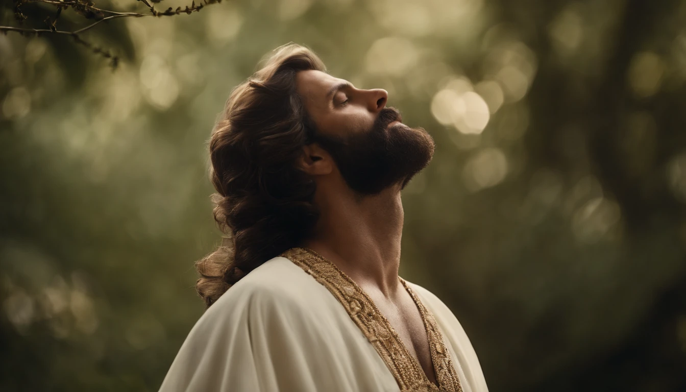 Um senhor de barba branca e cabelos brancos vestido de um manto branco e velho com sinais da idade de uns 70 anos, this image takes place in the time of Christ looking up to heaven