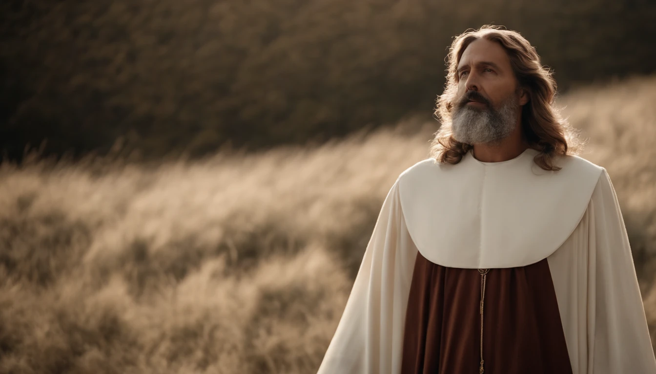 Um senhor de barba branca e cabelos brancos vestido de um manto branco e velho com sinais da idade de uns 70 anos, this image takes place in the time of Christ looking up to heaven