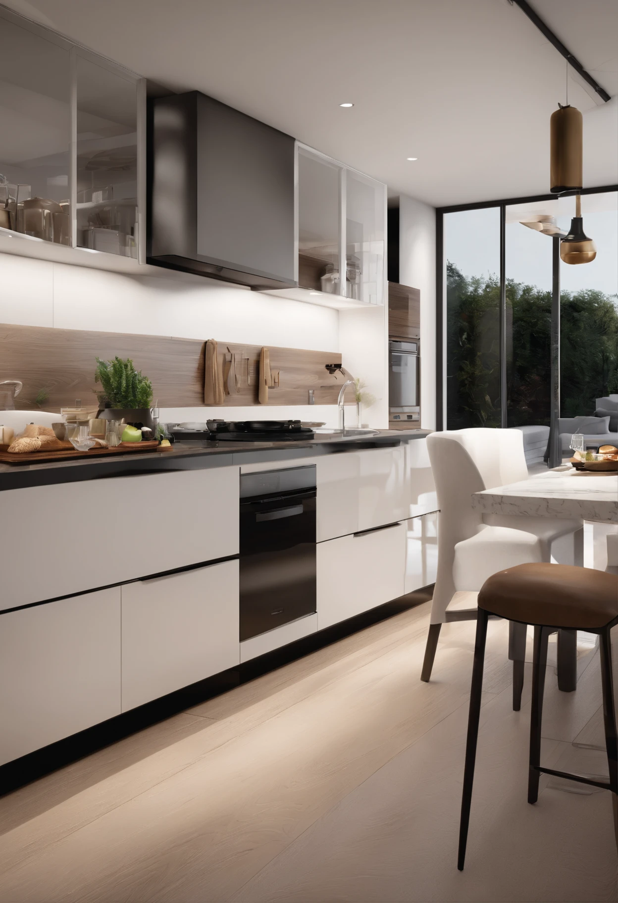 There is a kitchen with a table, cadeiras, stove, refrigerator and white furniture made rises measure in it, sophisticated and luxurious decoration ultra realistic and modern create 10 images