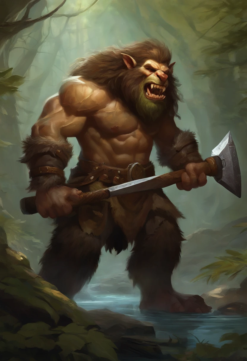 there is a painting of a troll with a hammer in his hand, bugbear, bugbear ranger, raging bugbear, epic full color illustration, grog strongjaw, fur-clad barbarian goliath, a druid, gnoll, tyler edlin fantasy art, troll, humblewood art style, high fantasy illustration, druid warrior, amazingly detailed d & d art