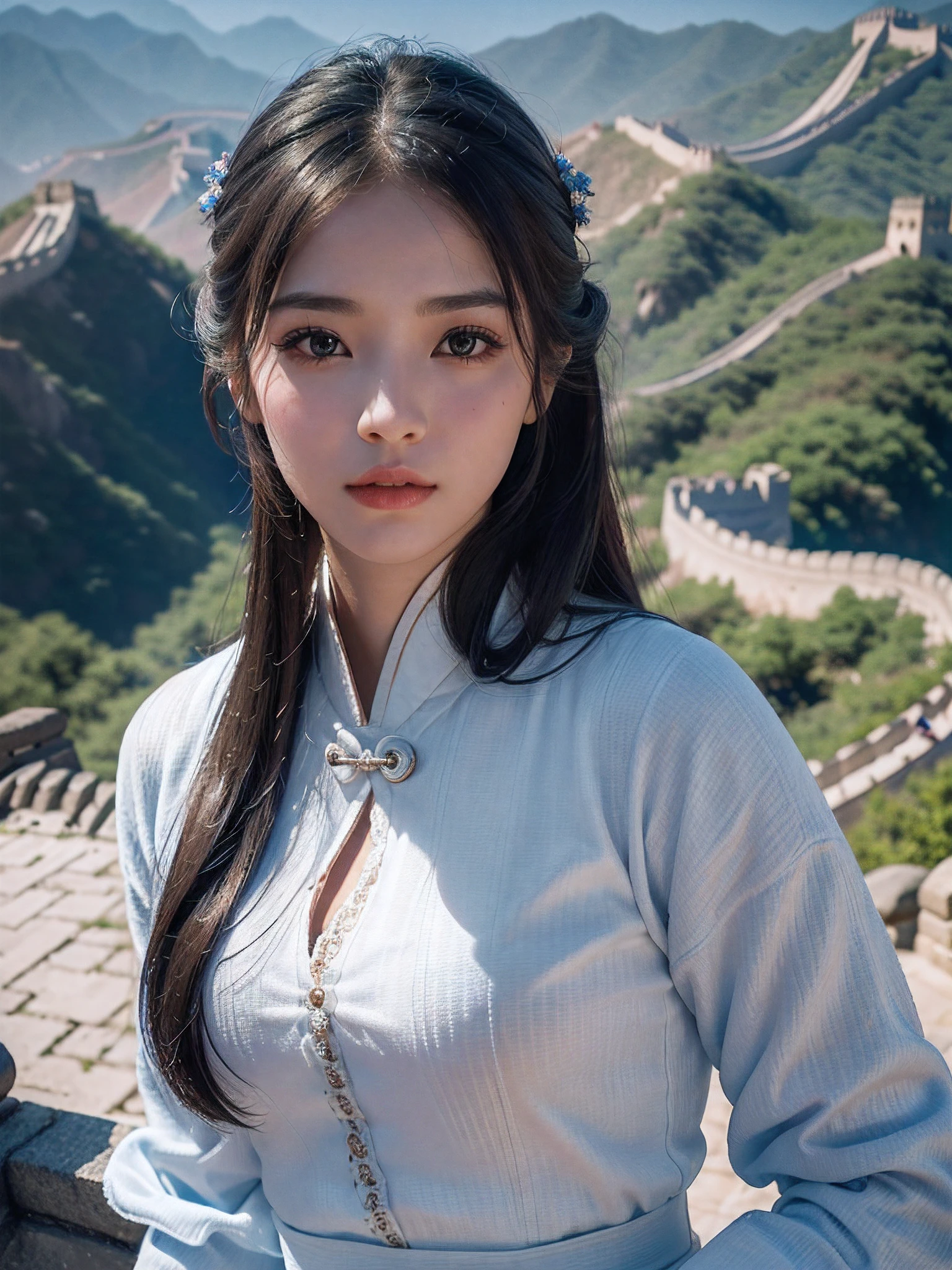 1 girl, On the Great Wall of China,full body, eautiful detailed eyes,beautiful detailed lips,Extremely detailed eyes and face,Long eyelashes, enchanting landscape,(Best quality,4K,8K,A high resolution,Masterpiece:1.2),Ultra-detailed,(Realistic,Photorealistic,photo-realistic:1.37),
