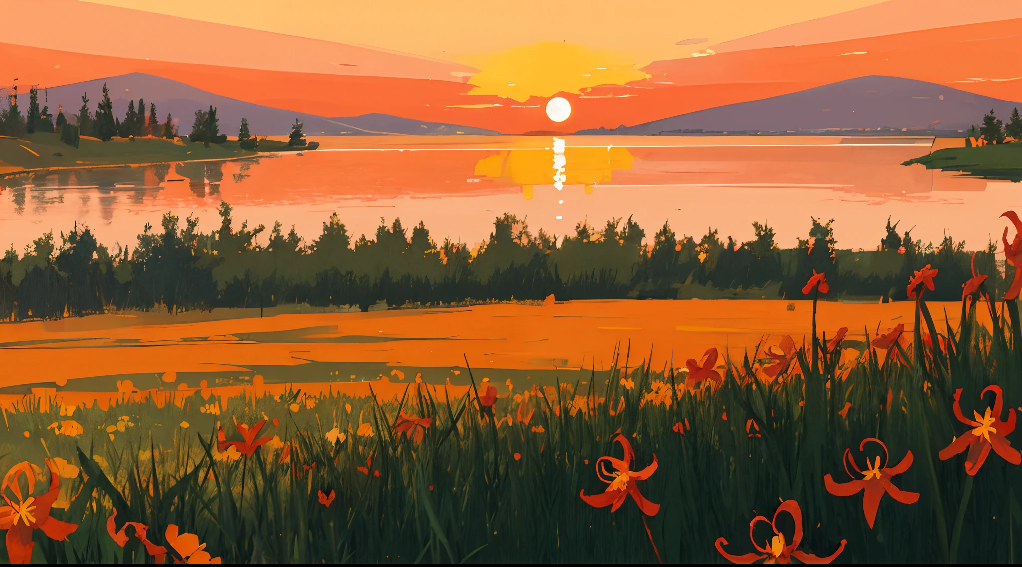 masterpiece,best quality,lycoris,flower field,depth of field,dusk,orange sky,sunset,glow,lake