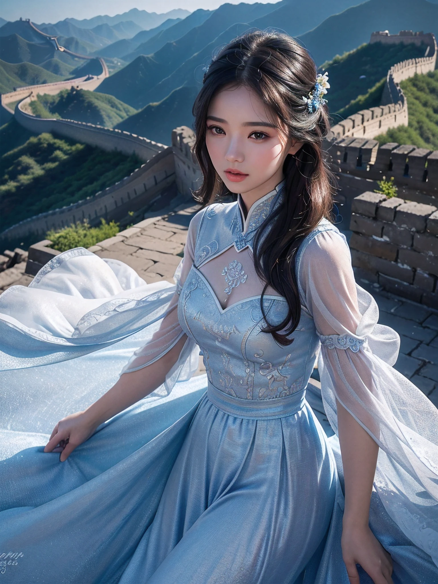 1 girl, On the Great Wall of China,full body, eautiful detailed eyes,beautiful detailed lips,Extremely detailed eyes and face,Long eyelashes, enchanting landscape,(Best quality,4K,8K,A high resolution,Masterpiece:1.2),Ultra-detailed,(Realistic,Photorealistic,photo-realistic:1.37), sexy dress