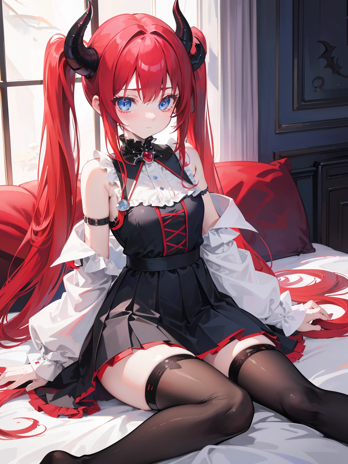 Red hair,Blue eyes,Twintails, Long hair, Solo, Loli, Black stockings,{{Best quality}}, {{Masterpiece}}, {{Ultra-detailed}}, {illustration}, {Detailed light}, {An extremely delicate and beautiful},,Cute,Succubus, demon,Horns