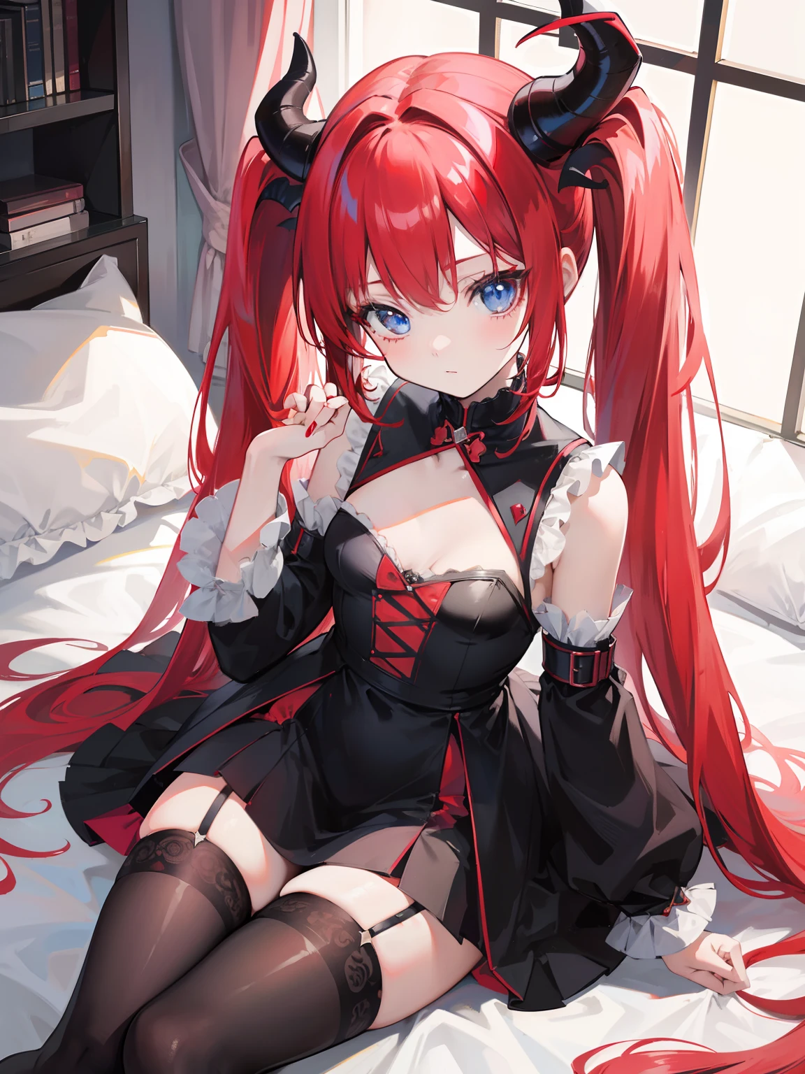 Red hair,Blue eyes,Twintails, Long hair, Solo, Loli, Black stockings,{{Best quality}}, {{Masterpiece}}, {{Ultra-detailed}}, {illustration}, {Detailed light}, {An extremely delicate and beautiful},,Cute,Succubus, demon,Horns