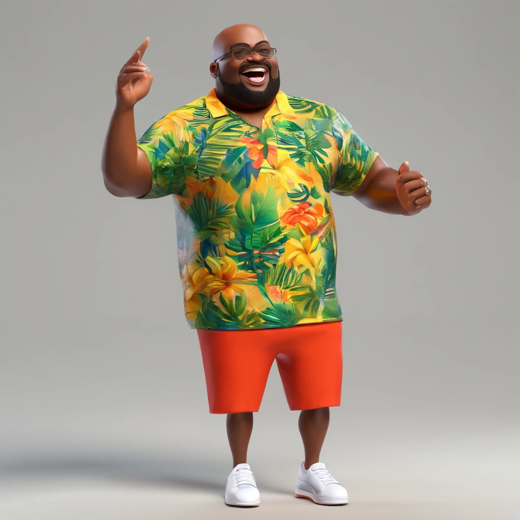 /imagine fat bald black man, smooth face singing samba with tropical Brazilian t-shirt and microphone in hand