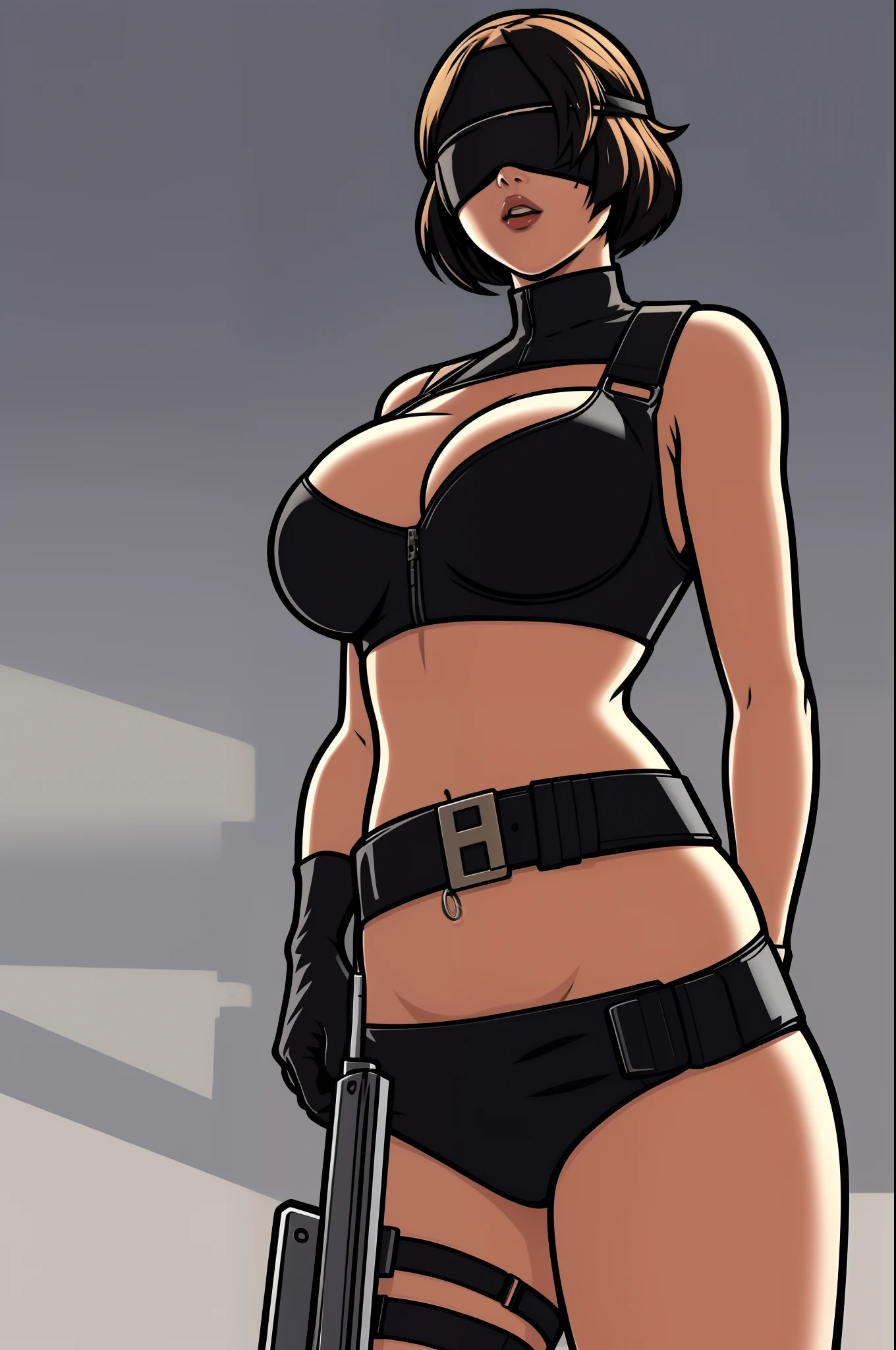 gtasa2004 cartoon of loading screen in n_2b
blindfold, black blindfold, large breasts holding a gun in tokyo