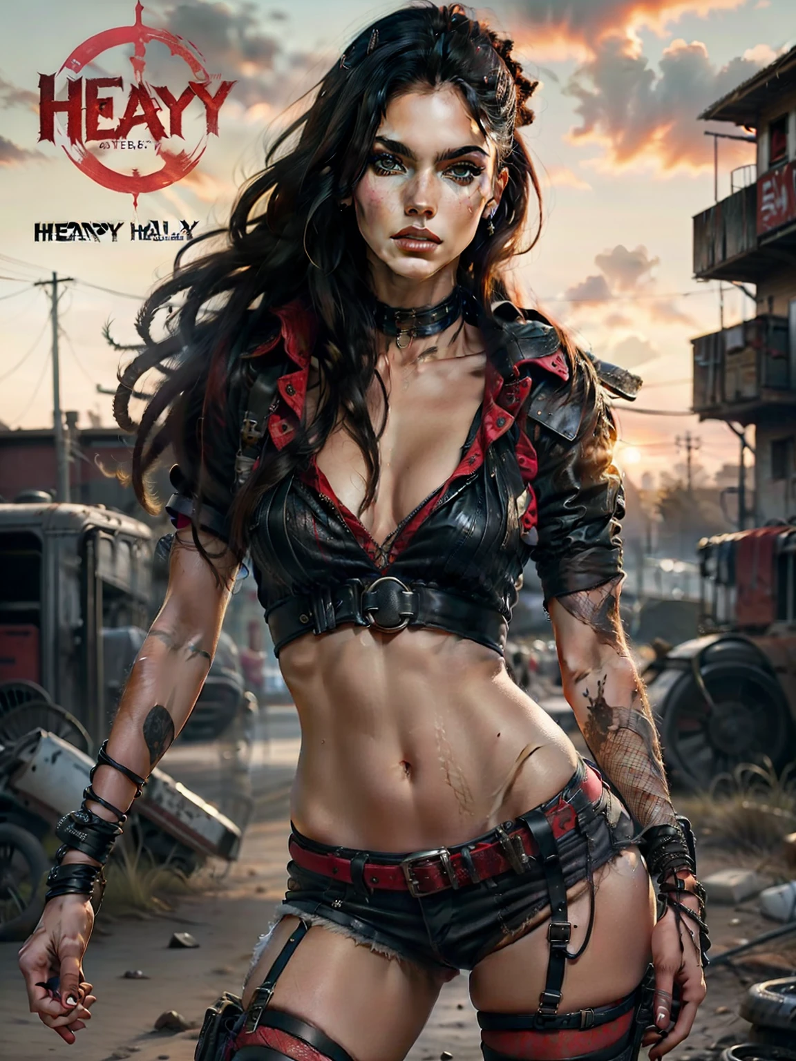 Post-apocalyptic female warrior woman (megan) in Simon Bisley style for the cover of Heavy Metal magazine, hair half black and half white, wearing teared red shirt and black fishnets, with some barb wires on her left leg thigh, scantily clad, art by Simon Bisley