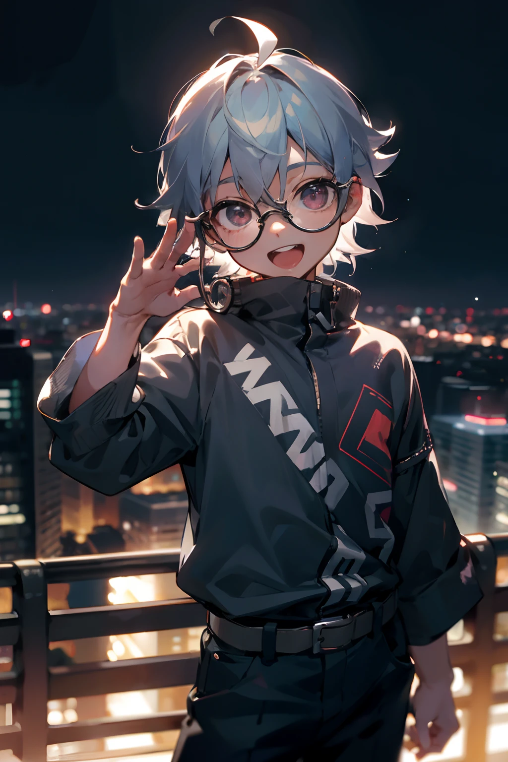 (Night city),Male child, eye glasses，The upper part of the body, Cowboy Shots, (near future),  great laughter, silber hair