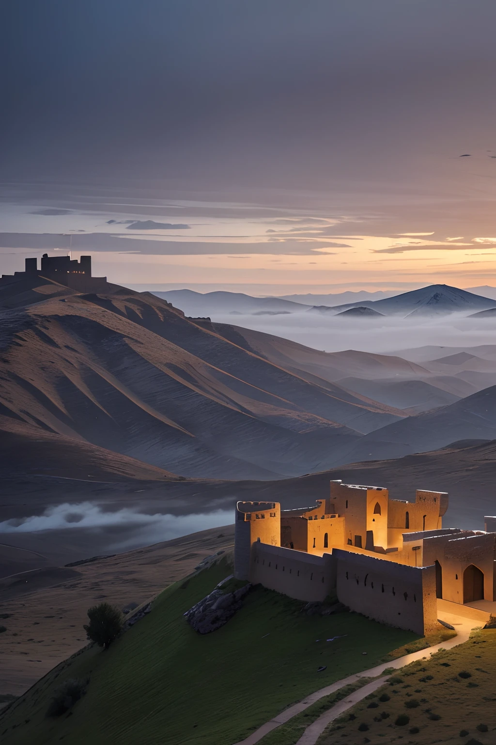 night time, an old Kurdish style castle tower on the right side of the camera, middle eastern architecture, closeup view of castle wall, battlements, snow tip mountains in the distance, smooth grass plains near, a foggy dim evening, misty environment, cloudy sky, birds-eye view, night time, night