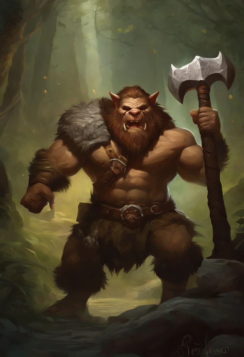 there is a painting of a troll with a hammer in his hand, bugbear, bugbear ranger, raging bugbear, epic full color illustration, grog strongjaw, fur-clad barbarian goliath, a druid, gnoll, tyler edlin fantasy art, troll, humblewood art style, high fantasy illustration, druid warrior, amazingly detailed d & d art