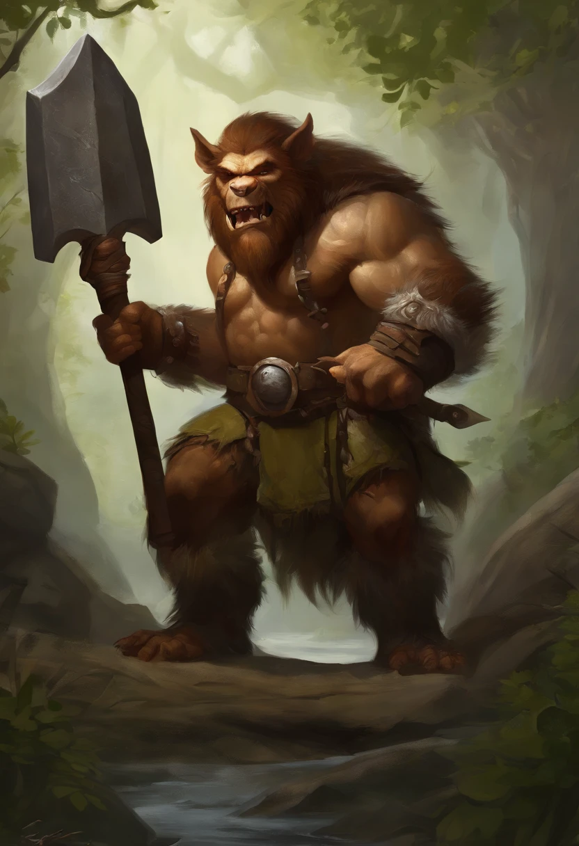 there is a painting of a troll with a hammer in his hand, bugbear, bugbear ranger, raging bugbear, epic full color illustration, grog strongjaw, fur-clad barbarian goliath, a druid, gnoll, tyler edlin fantasy art, troll, humblewood art style, high fantasy illustration, druid warrior, amazingly detailed d & d art