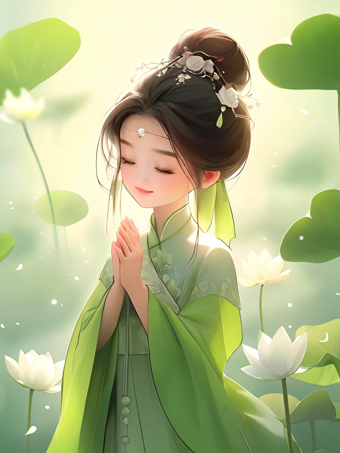 A woman in a green dress standing in a field of flowers - SeaArt AI