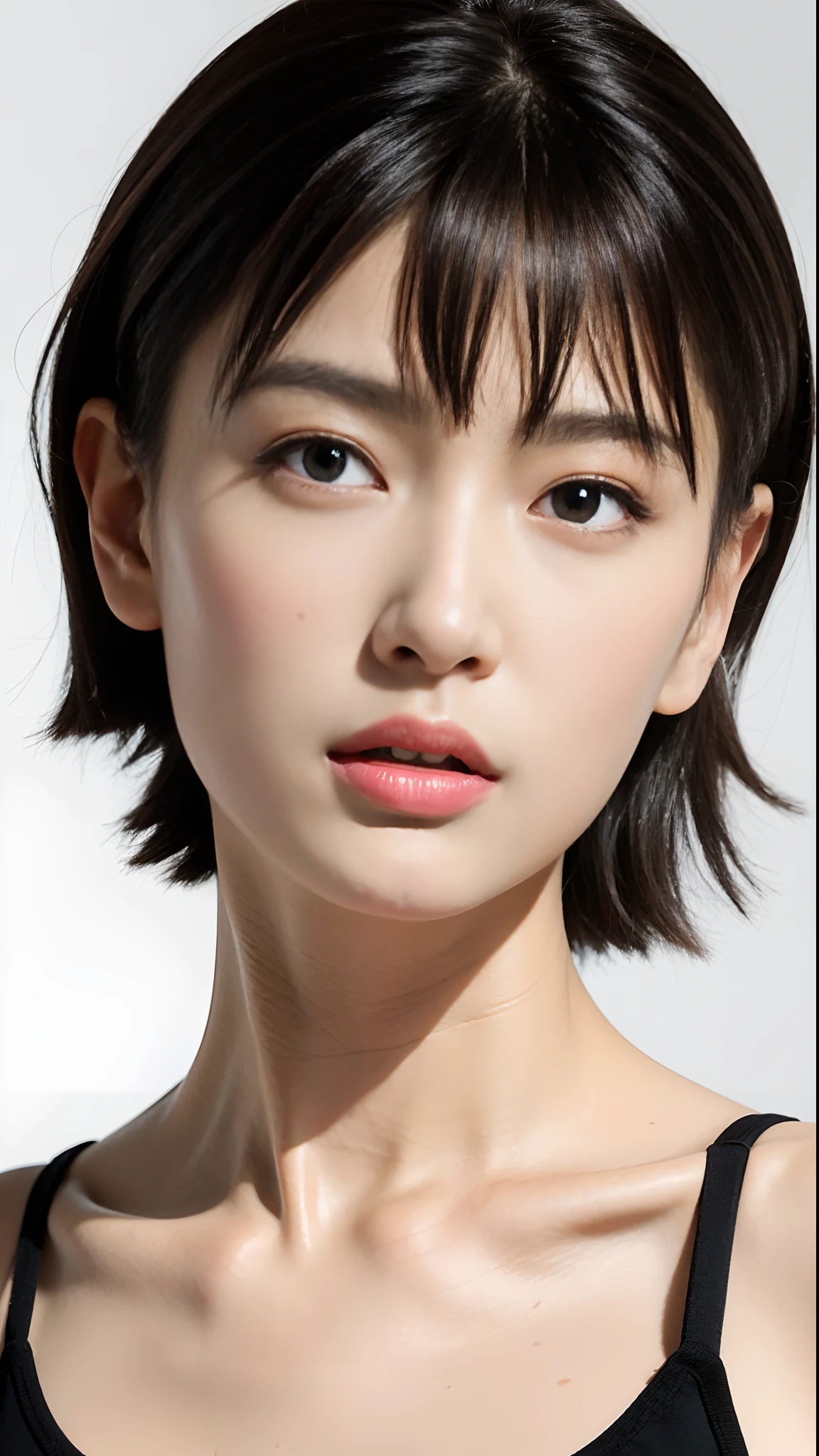 (masterpiece, top quality, high definition)), masterpiece, highest quality, ultra-high resolution, high detailed portrait, (photorealistic photo: 1.4), (1 girl) ((1 girl, white fair skin, kneeling, from above, looking up at the viewer, gaze staring at the camera, staring at the viewer, face close-up, 19 years old, pretty, cute, clean black hair, shiny black hair, bob_cut, short hair, large breasts, Big)) (attractive, Santa Claus hat, Santa Claus costume) (pretty actress portrait), (smile, happy, joyful, cheerful, happy smile), (breasts tucked between the arms of the chest), high detailed eyes, (really snow-white background, nothing background)), ((long neck, bangs, bangs, pretty face, gaze staring at the camera, eyelashes, big eyes, clear eyes, CLEAR DOUBLE EYELIDS, TEARY MOLE, SHINY SKIN, CLEAN SKIN TYPE, CLEAN COLLARBONE, LIP GLOSS)), ONE GIRL, (PHOTOREALISTIC: 1.4), (FROM ABOVE, OVERHEAD SHOT, COWBOY SHOT) SOLO, WHITE BACKGROUND, SNOW-WHITE BACKGROUND, MOUTH CLOSED, HAPPY SMILE, HAPPY SMILE, HAPPY SMILE, PRETTY BLACK HAIR, SHORT HAIR, BIG EYES, pronounced double eyelids, eyelashes, ears out, long neck, absolute area, (draw all head, shoulders), 19 years old, attractive proportions, shiny skin, clean collarbone, face in golden proportions, perfect face, teary mole, mole on chest, bangs, clean bangs, lip gloss, thin lips, white skin, naked, big breasts, small face, small face, draw all head, draw all shoulders,