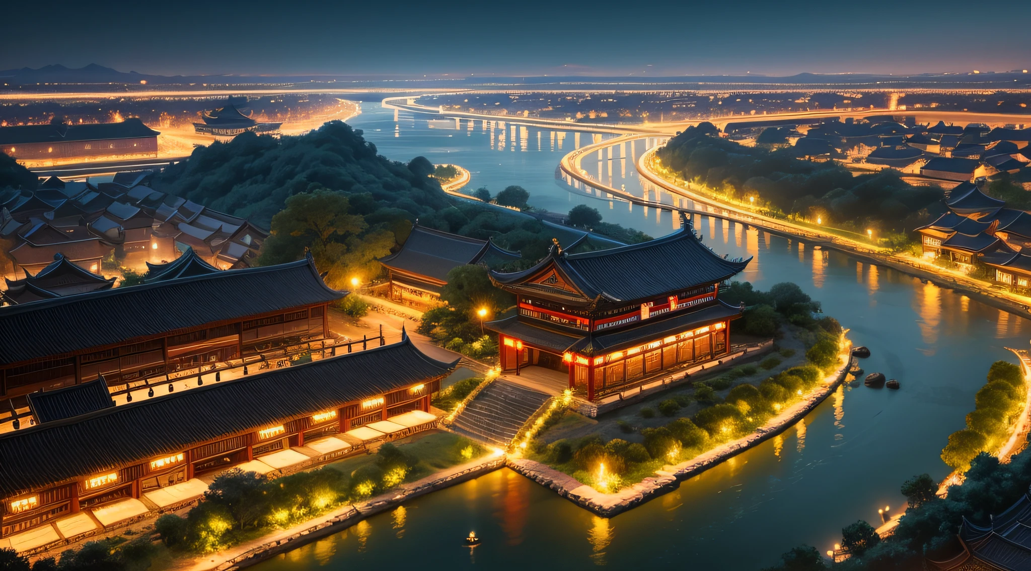 A great ancient and historic Chinese city with river in the night in a festival