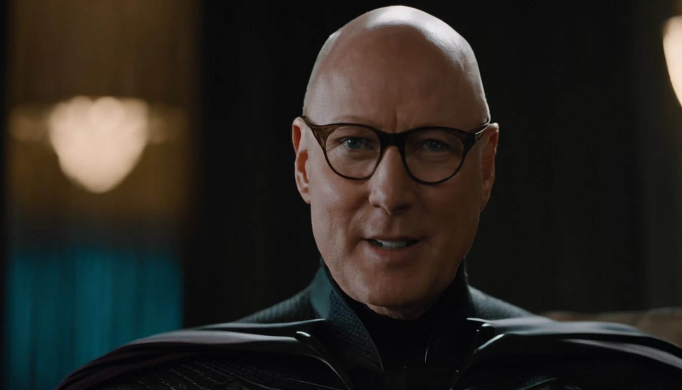 James Spader face, 63-year-old,2022, Oldman, bald, without hair, smiling face, muscle, wear a batman costume Take off your mask seeing a full-body