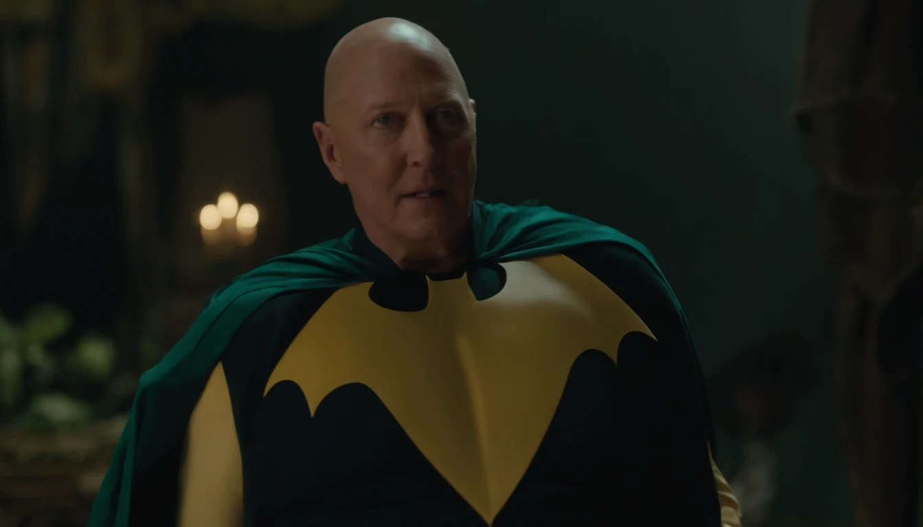 James Spader face, 63-year-old,2022, Oldman, bald, without hair, smiling face, muscle, wear a batman costume Take off your mask seeing a full-body