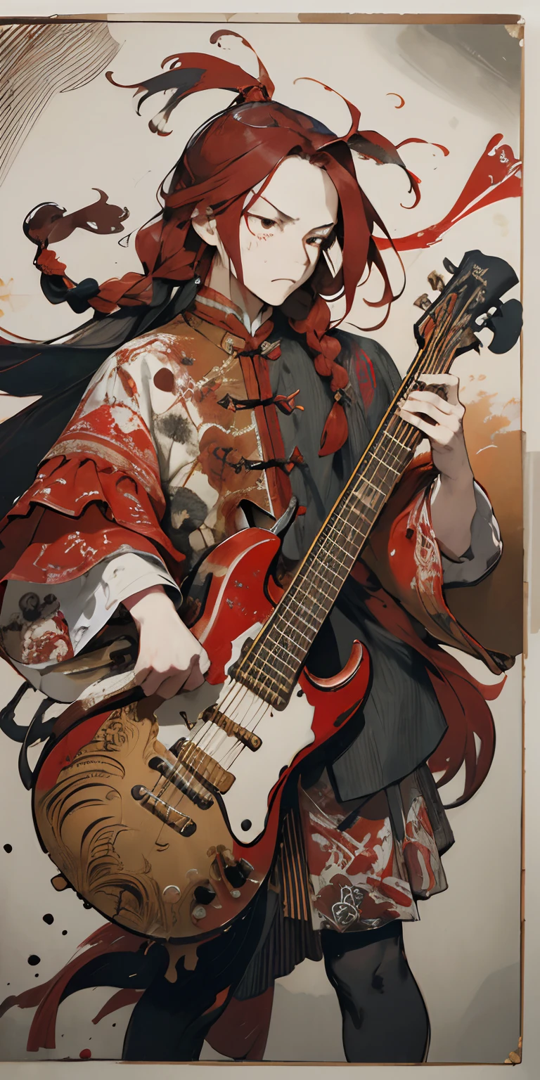 layered textures, Determined, Single Color, Slightly Frowning, Frightening, Calotype, Deeply Thoughtful slim Yuan Dynasty Adult Male, Long Red hair styled as Side-swept braids, Offset print, Abstract Art, Oversaturated, Playing ancient string guitar, Red Coat with gold embroidery, Full body portrait, Solemn, Facing viewer, Yelling