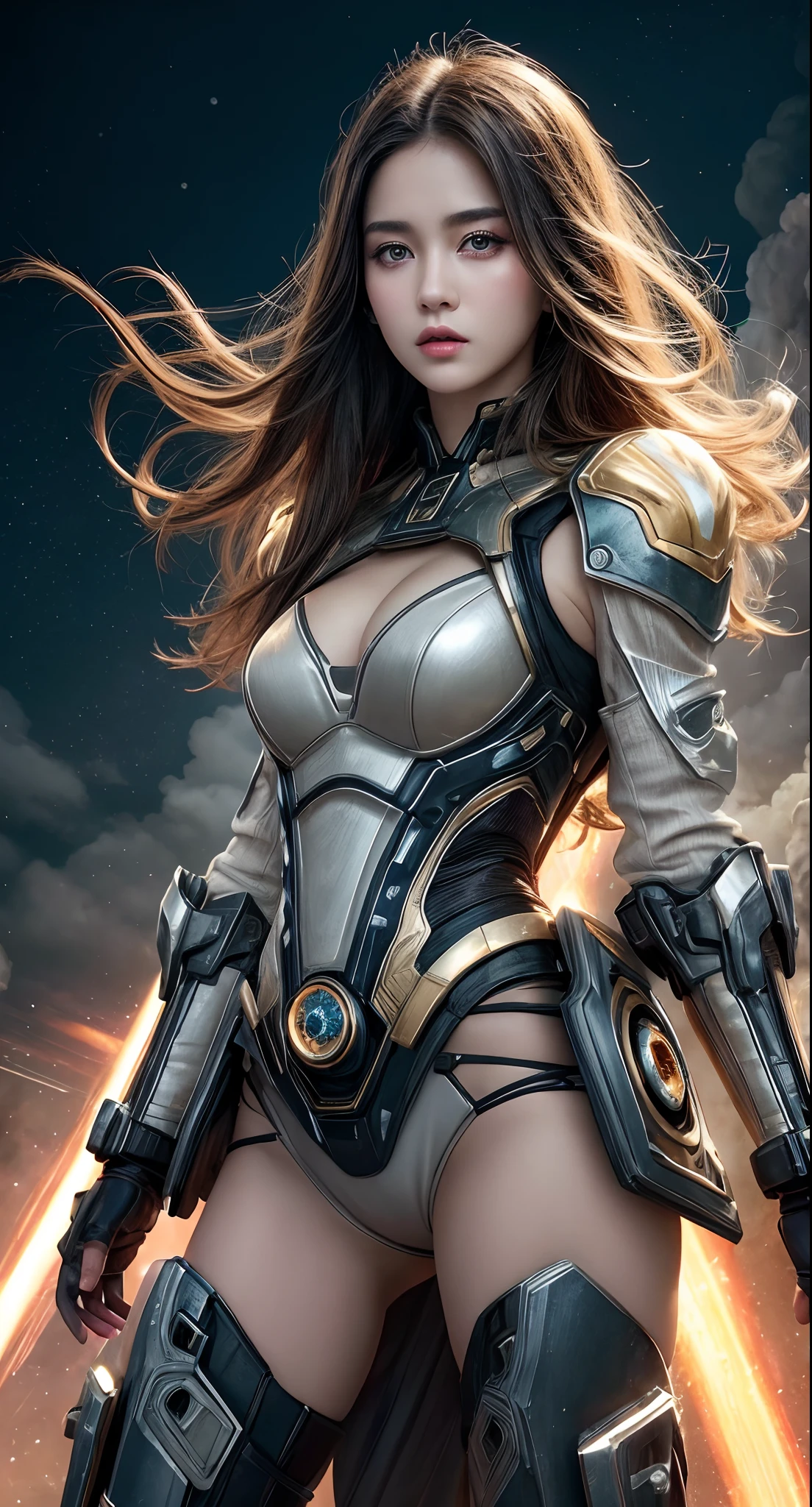 realistic visual effects,attractive beautiful,dramatic contrast,Gentle lighting,Delicate warmth,the soft light,hyper HD,Extremely colorful,best qualityer,Snow-whiteskin,8K high quality,Sexy goddess,A pair of big eyes are beautiful and moving,White skin,Makeup,Sexy outfit,Armed with futuristic modern weapons,gold;jewely;Blue Electric,【Background with】Large gears,Large gears,Doomsday ruins,Giant tornado,Strange sky,Lightning Thunder,The setting sun burns the dark clouds,Multiple planets,The end of the world,Multiple planets,Mards,Jupiter,Mercury,Strange sky,Giant Tornado ultra-futuristic car,Cool headlights。