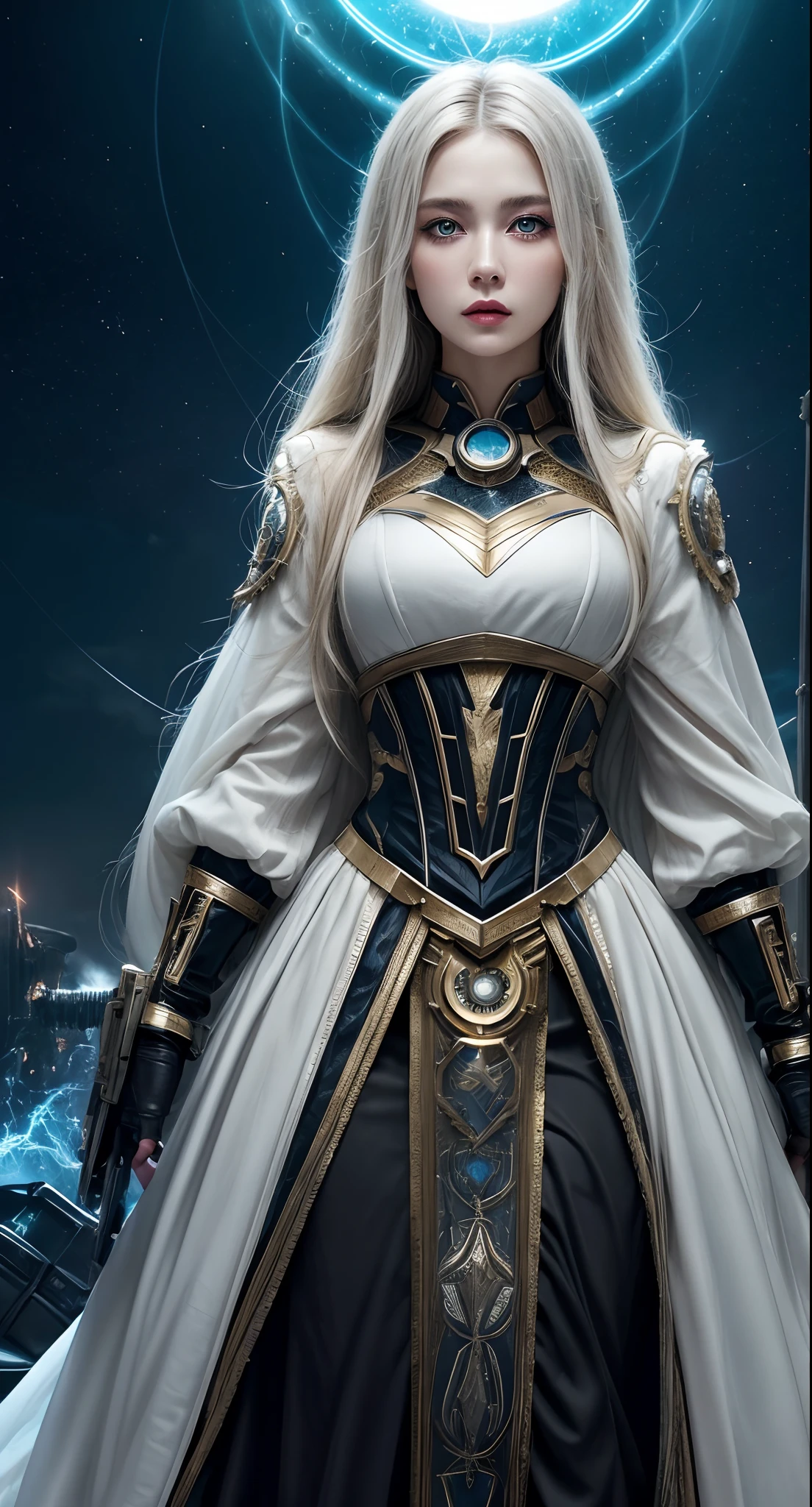 realistic visual effects,attractive beautiful,dramatic contrast,Gentle lighting,Delicate warmth,the soft light,hyper HD,Extremely colorful,best qualityer,Snow-whiteskin,8K high quality,Sexy goddess,A pair of big eyes are beautiful and moving,White skin,Makeup,Sexy outfit,Armed with futuristic modern weapons,gold;jewely;Blue Electric,【Background with】Large gears,Large gears,Doomsday ruins,Giant tornado,Strange sky,Lightning Thunder,The setting sun burns the dark clouds,Multiple planets,The end of the world,Multiple planets,Mards,Jupiter,Mercury,Strange sky,Giant Tornado ultra-futuristic car,Cool headlights。
