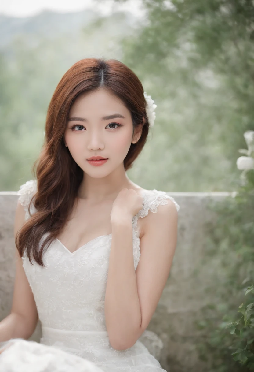 Woman in white dress sitting, Beutiful women, Gorgeous young woman, gorgeous chinese models,, very attractive and beautiful, An Asian woman, A young Asian woman, Lovely woman, sexy look at the camera, young cute wan asian face,Sweet girl type，The name is Luo Xin