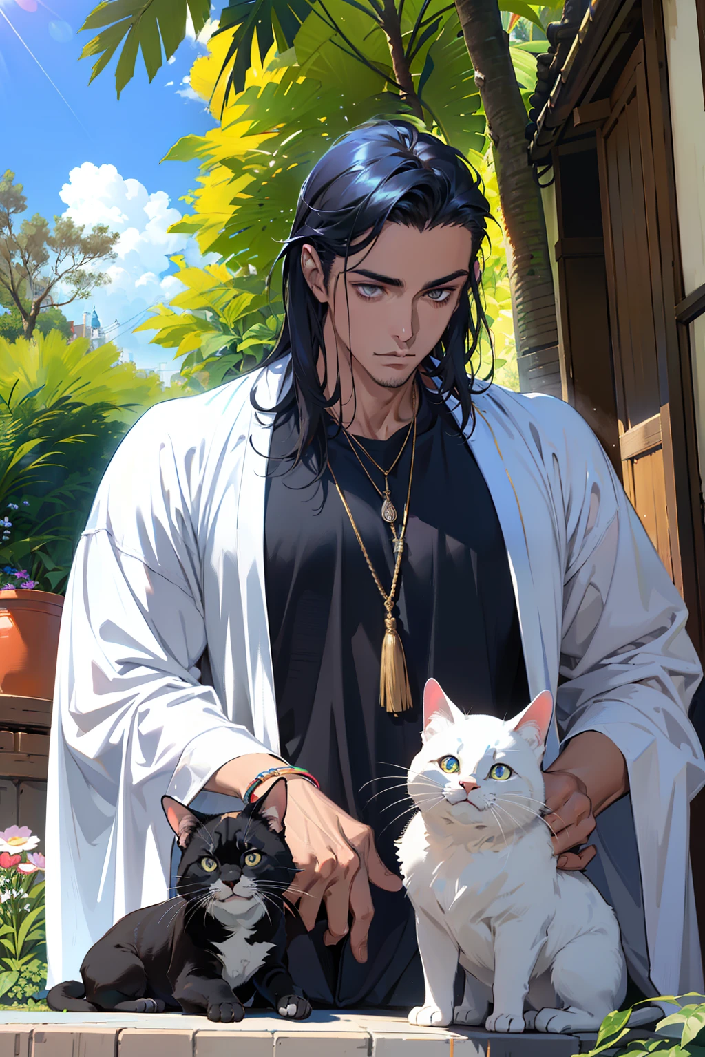(absurdres, highres, ultra detailed), 1 male, handsome, tall muscular guy, very short hair, best ratio four finger and one thumb, best light and shadow, background is back alley, detasiled sunlight, sitting, Little cats are gathered next to him, dappled sunlight, day, depth of field, plants, summer, (dutch angle), closed mouth