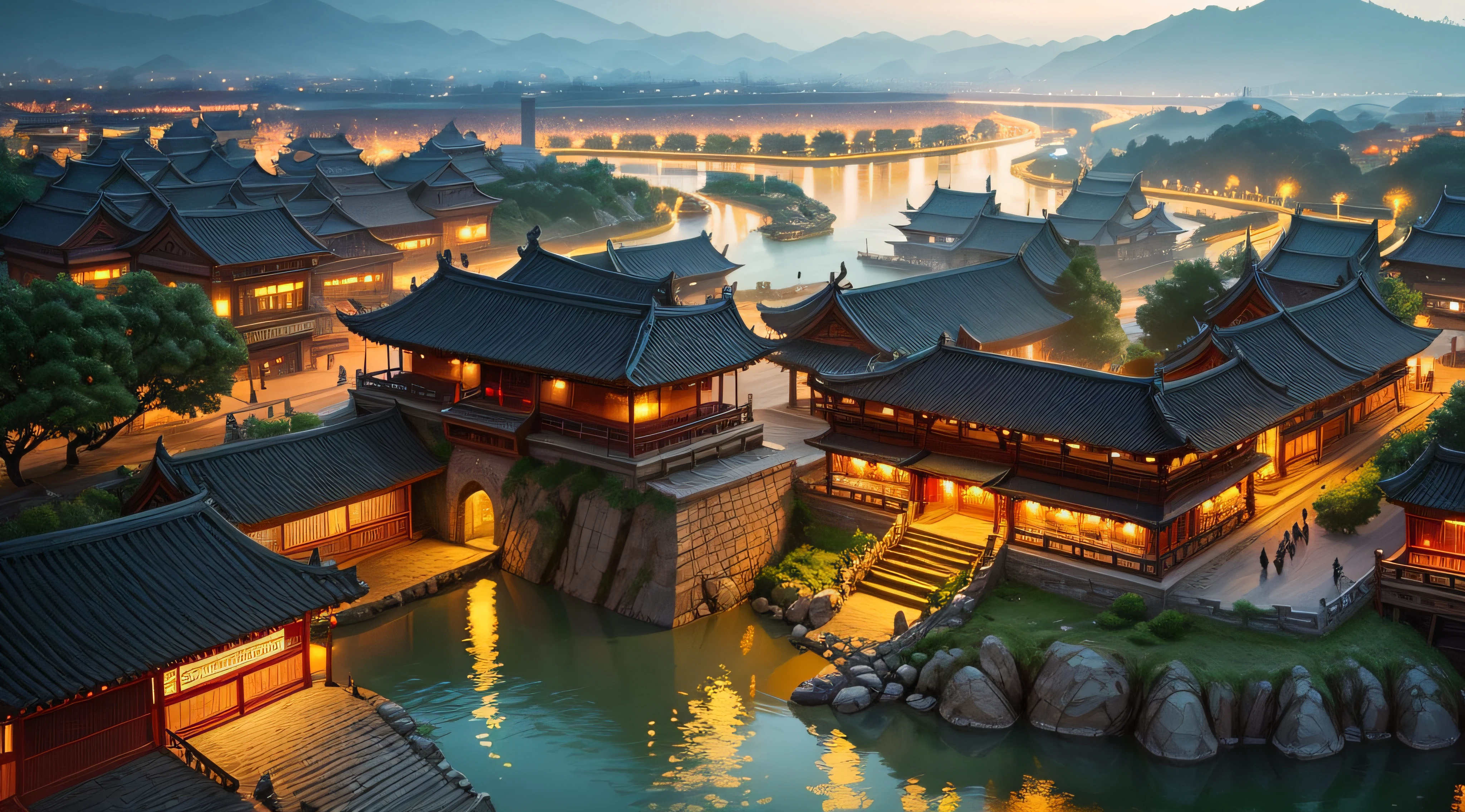 A great ancient and historic Chinese city with river in the night in a festival