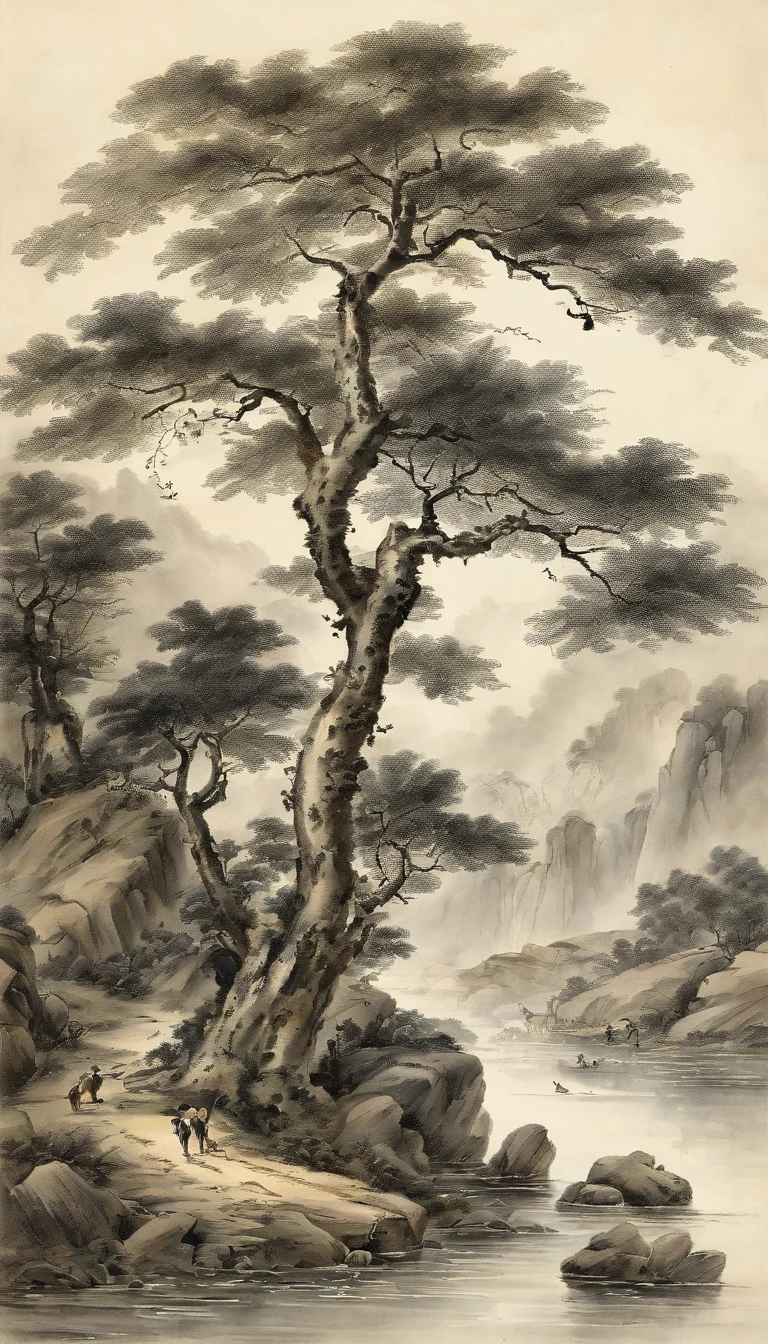 Chinese landscape painting，ink and watercolor painting，water ink，ink，Smudge，Faraway view，Ultra-wide viewing angle，Meticulous，Five cow diagram，Five scalpers，River side，Small Stone Bridge，grassy fields，The tree，The vista is a mountain，（8k wallpaper），（light and shadow effect），rendering by octane，White balance design，Extremely detailed picture depiction，wide angles，depth of fields，tmasterpiece，realisticlying，Beautifully depicted，A detailed，acurate，Works of masters，tmasterpiece